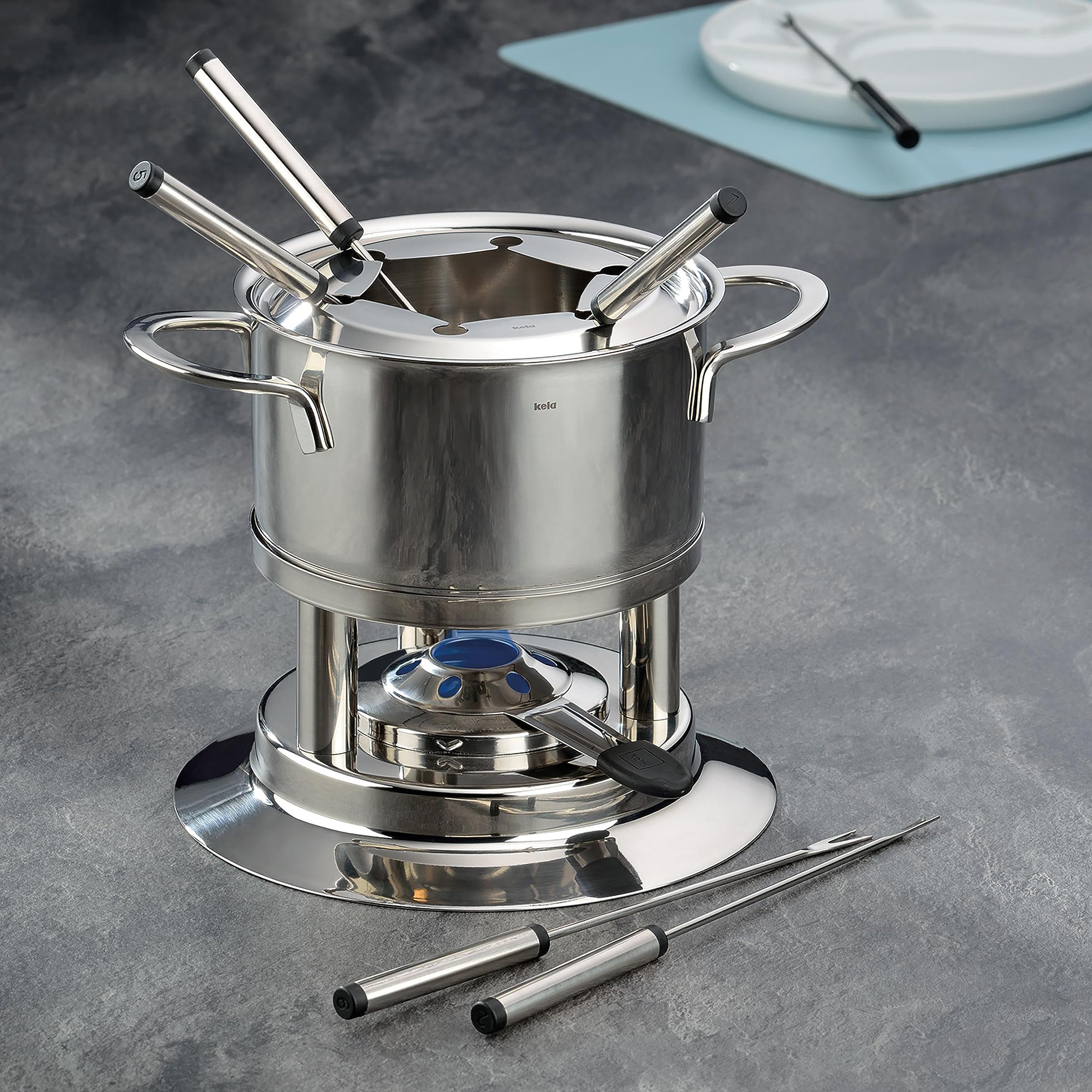 kela Fondue-Set Cailin, 10-teilig, Durchmesser 22 cm, 1,2 L, Edelstahl 18/10, silber glänzend, Allherdboden, Topf, Sicherheitspastenbrenner, Rechaud, Spritzschutz, 6x Fonduegabeln, 10968