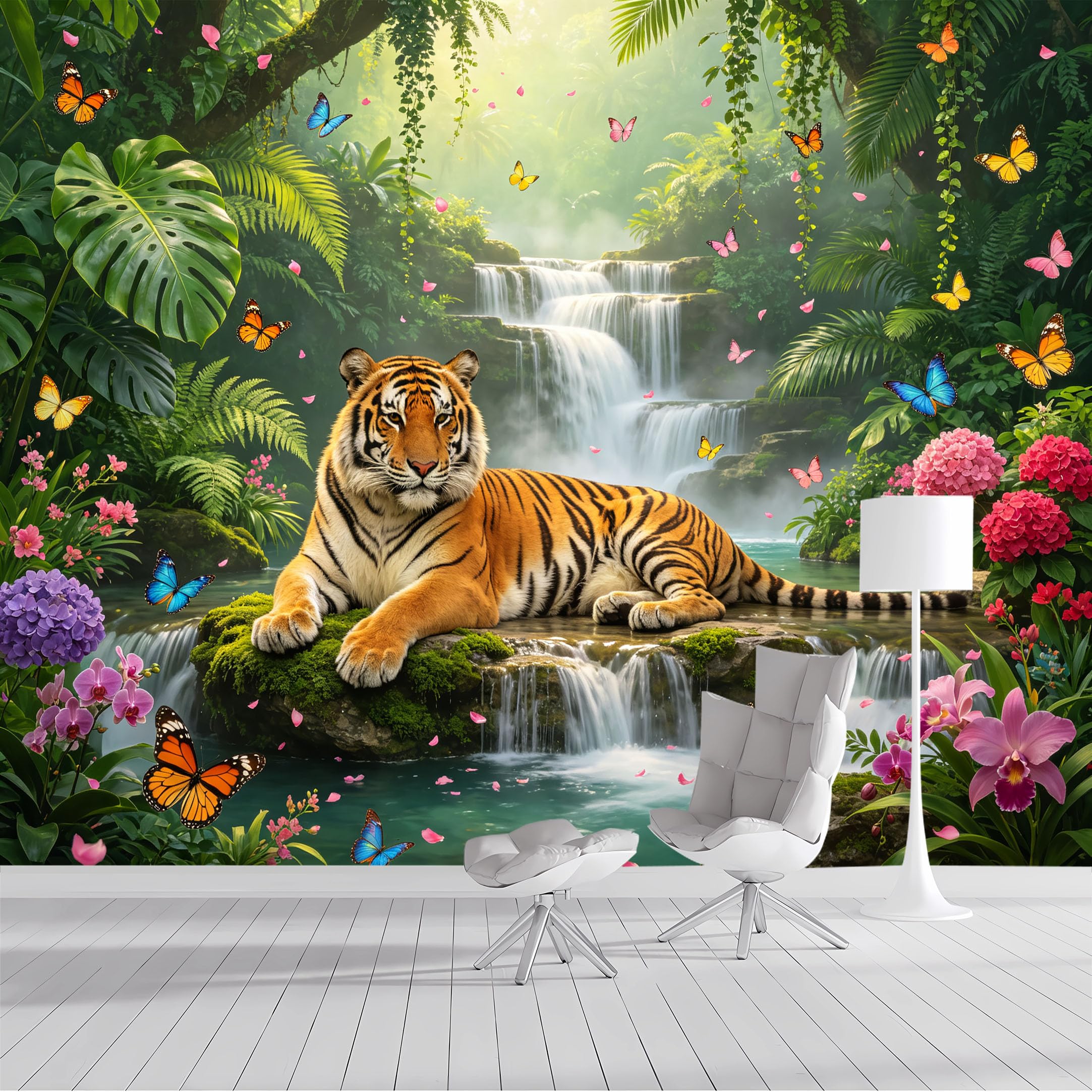 Custom Size Wall Mural Tropical Jungle Waterfall Tiger SelfAdhesive Wall Fabric Removable Peel and Stick Wallpaper Wall Decor for Living Room Bedroom Bathroom