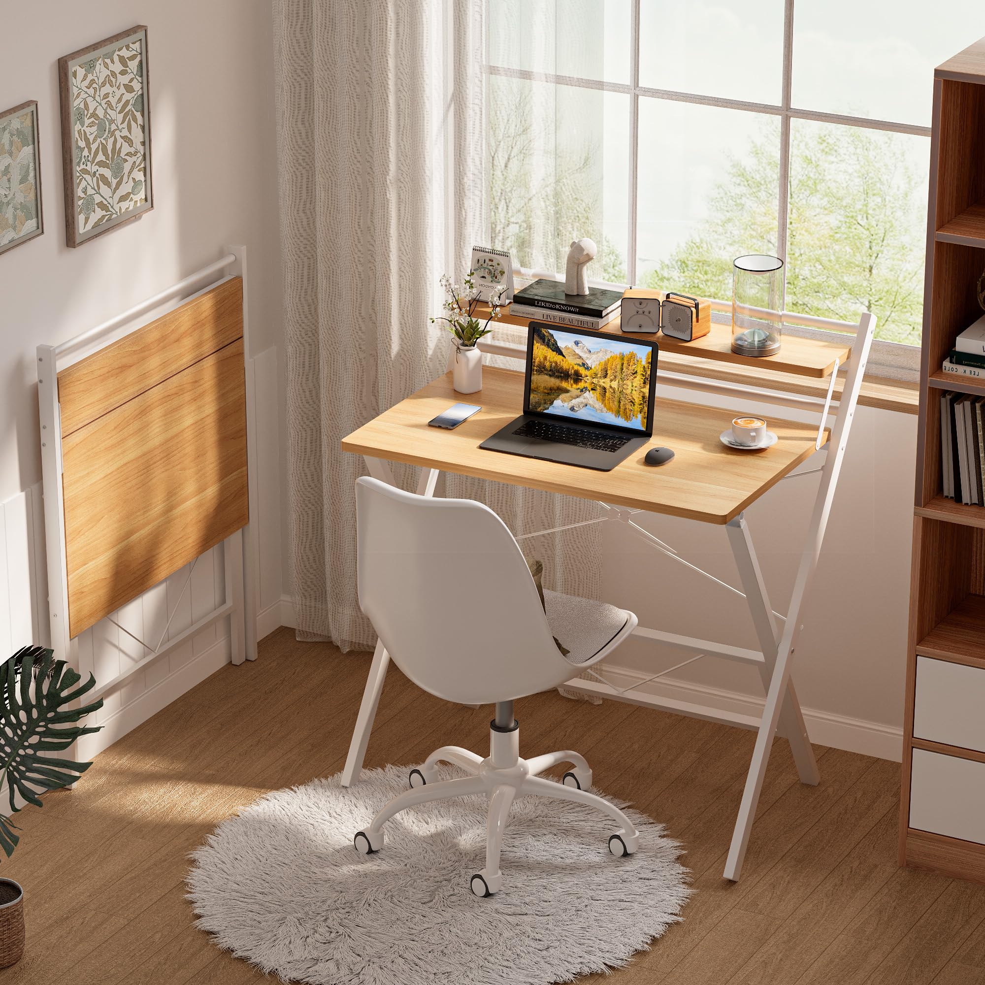 Ztexkee Folding Desk with Monitor Stand, 80 cm Foldable Computer Desk, Small Study Desk Easy Assembly for Small Spaces and Home Office Brown