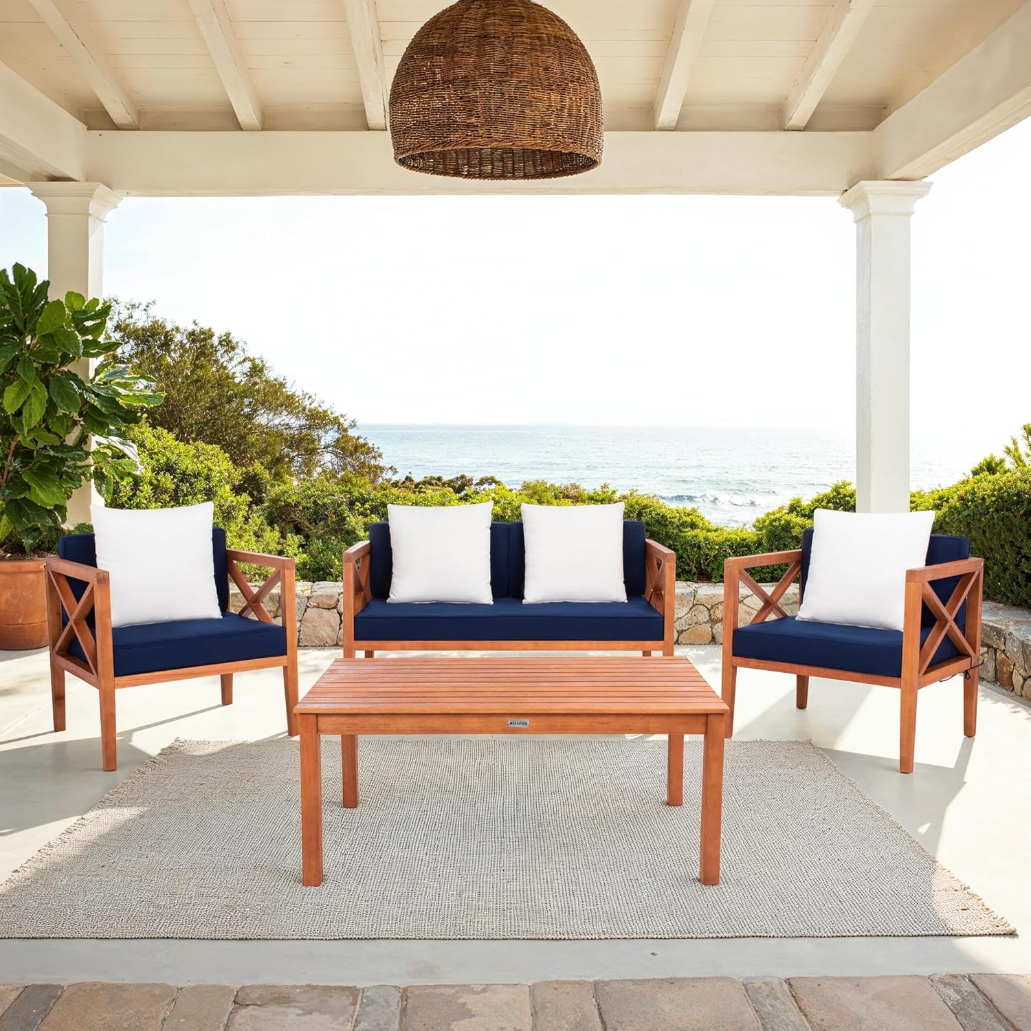 Safavieh PAT7031A Collection Nunzio Teak and White and Navy 4 Pc Accent Pillows Outdoor Set