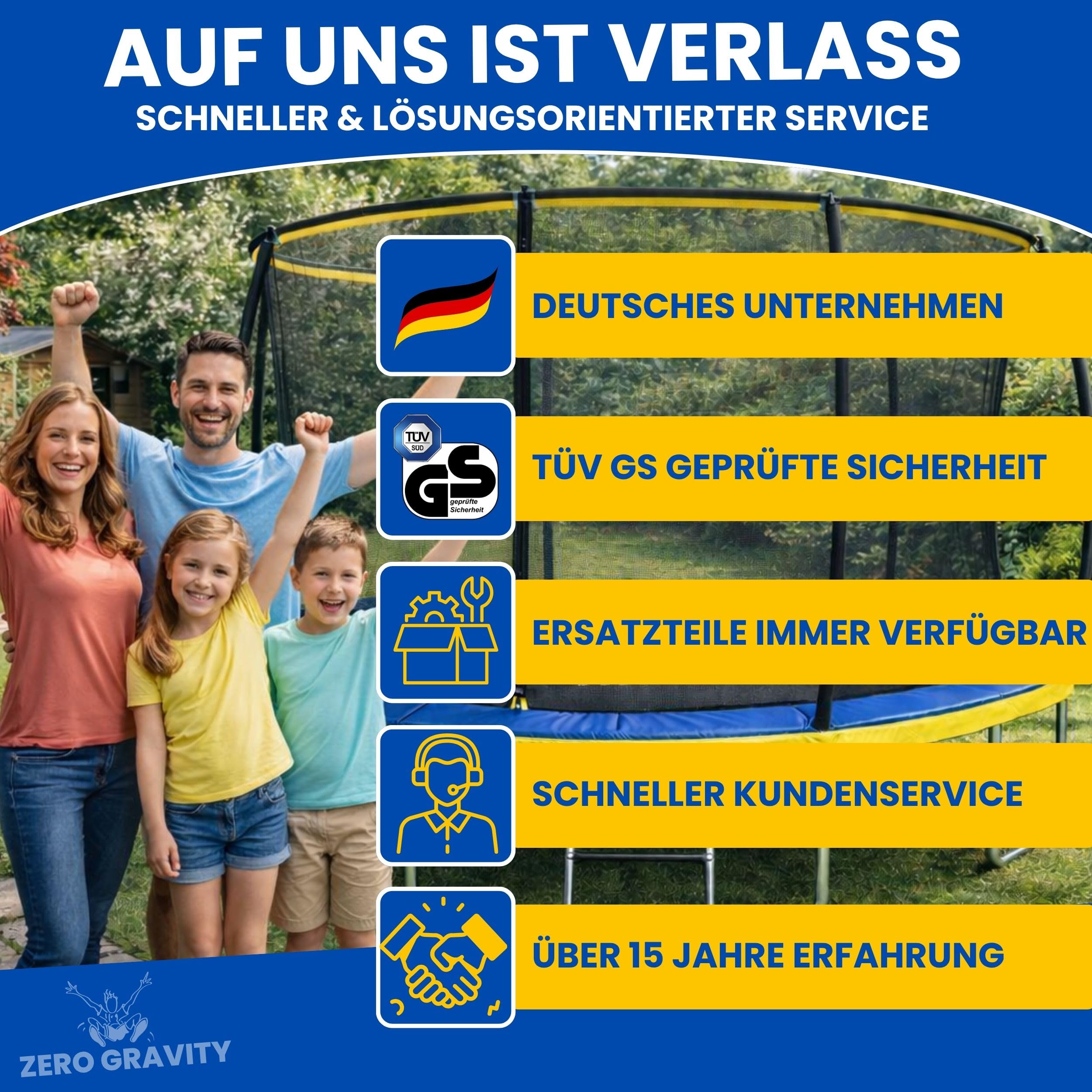 Zero Gravity Trampolin Outdoor Ø 183/244/305/366/427 cm, TÜV GS, Smartes Klappnetz für schnellen Auf- und Abbau, Outdoor Trampolin Komplett-Set inkl. Leiter, Aufbauvideo, Ultima 4 Modelle