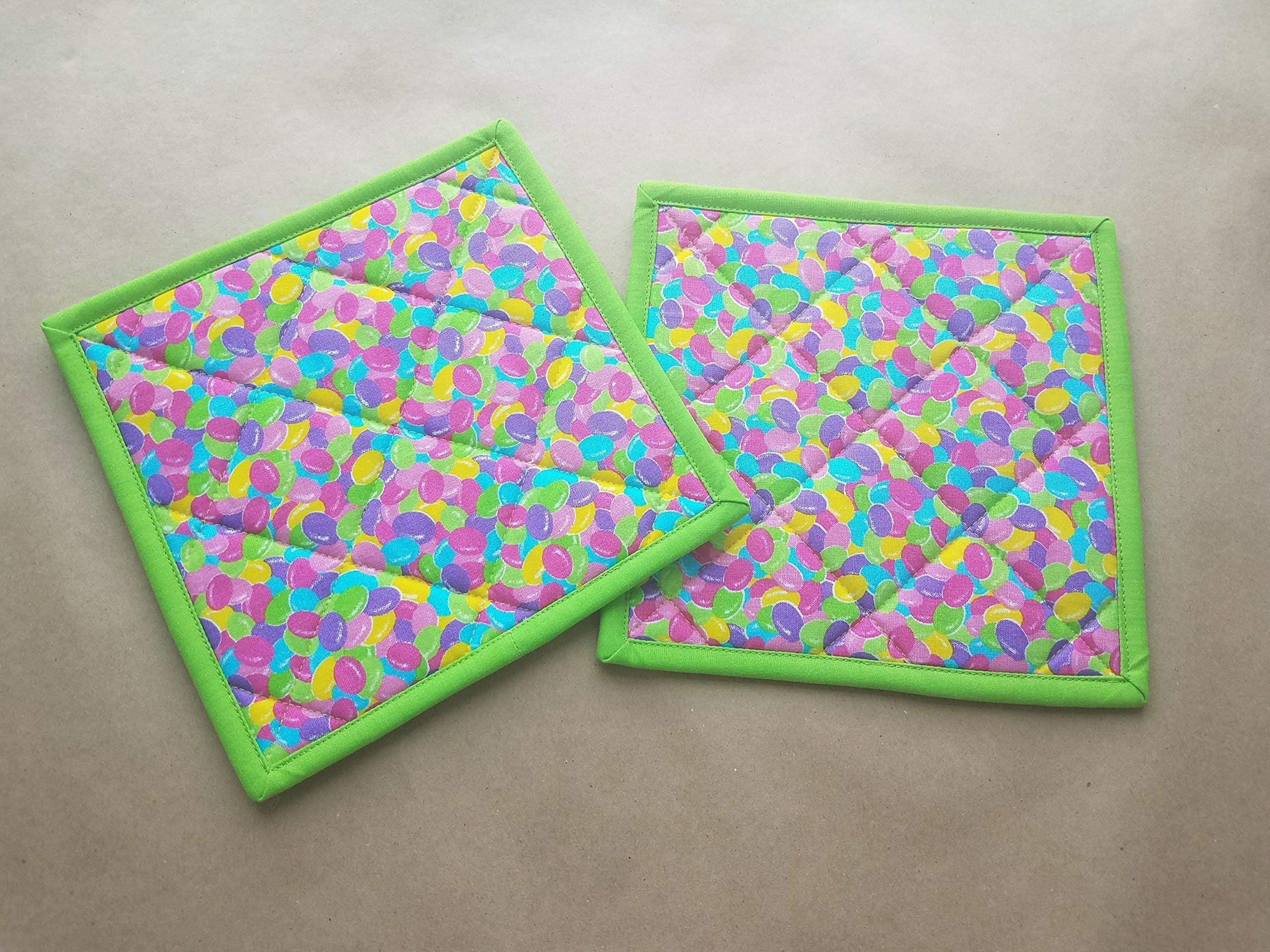 Jelly Bean Potholders Set of 2, Easter, Spring, Confectioner, Insulated Trivets, Quilted Hot Pads, Candy Kitchen Linens, Bright, Whimsical Home Decor Gifts Under 20 Handmade Passover