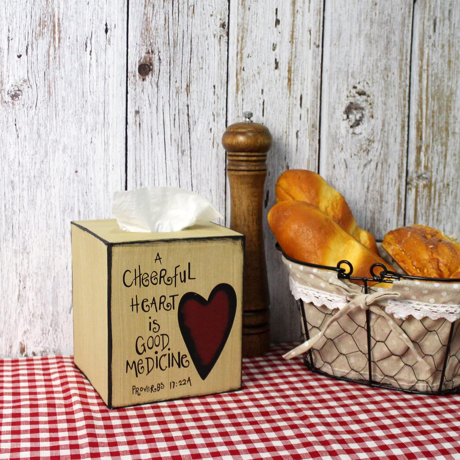 CVHOMEDECO. Primitives Square Tissue Box Cover Rustic Cheerful Heart Cardboard Tissue Box Holder for Home/Bath Decor, 5-1/4 x 5-1/4 x 6 Inch