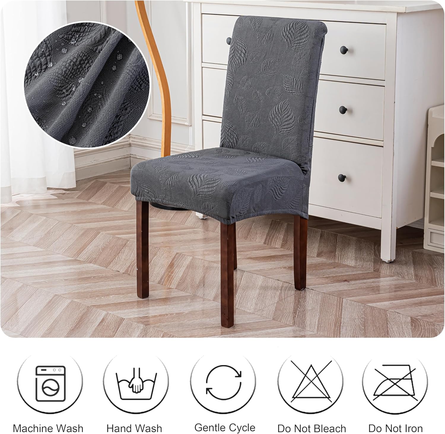 Genina Waterproof Dining Chair Covers Set of 4,Stretch Dining Room Chair Slipcovers with Leaf Jacquard,Removable Kitchen Chair Protector for Home,Restaurant,Banquet-Dark Grey,Large Size