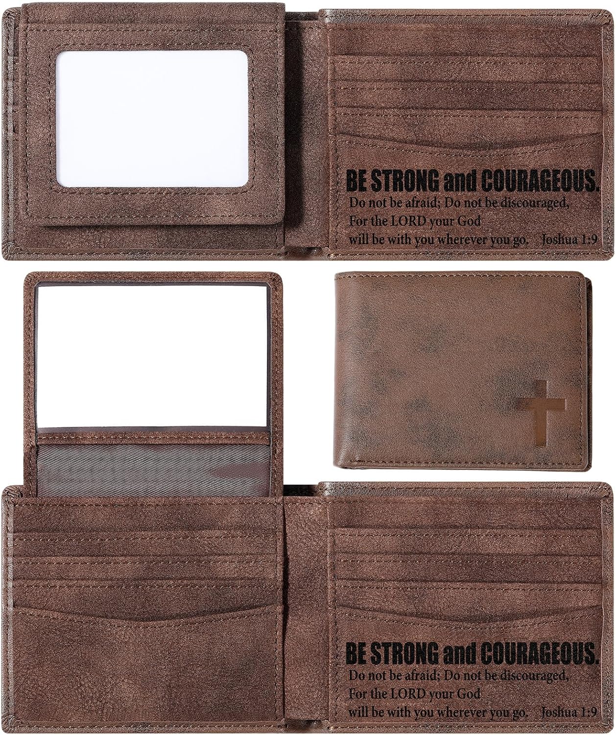 Sadnyy Christian Gifts Leather Wallet for Men Genuine Leather RFID Blocking Bifold Bible Verse Engraved Brown Faith Religious Gift for Husband Dad BF Grandpa Valentine Birthday Gift (Joshua 1:9)