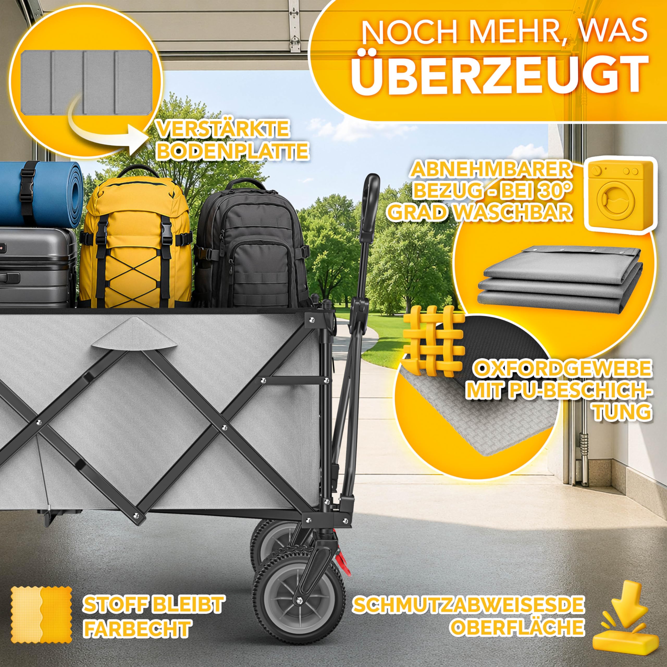 TRESKO® Bollerwagen faltbar 300L mit Bremse | Handwagen klappbar 150kg inkl. Vollgummireifen | Faltbarer Strandwagen Extra Breite All-Terrain-Räder | Transportwagen mit Tragetasche (Grau)