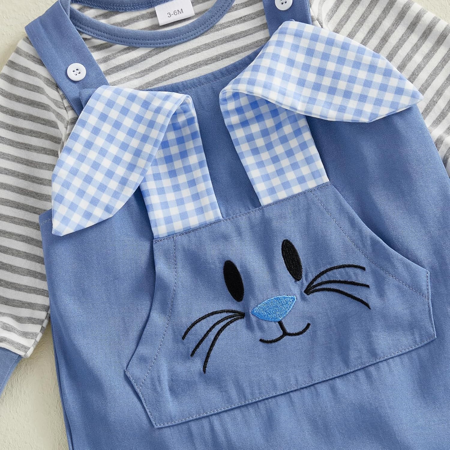 BeQeuewll My First Easter Baby Boy Outfit Infant Stripe Romper Bunny Letter Embroidery Overalls Pants Set Newborn Outfits - Image 6
