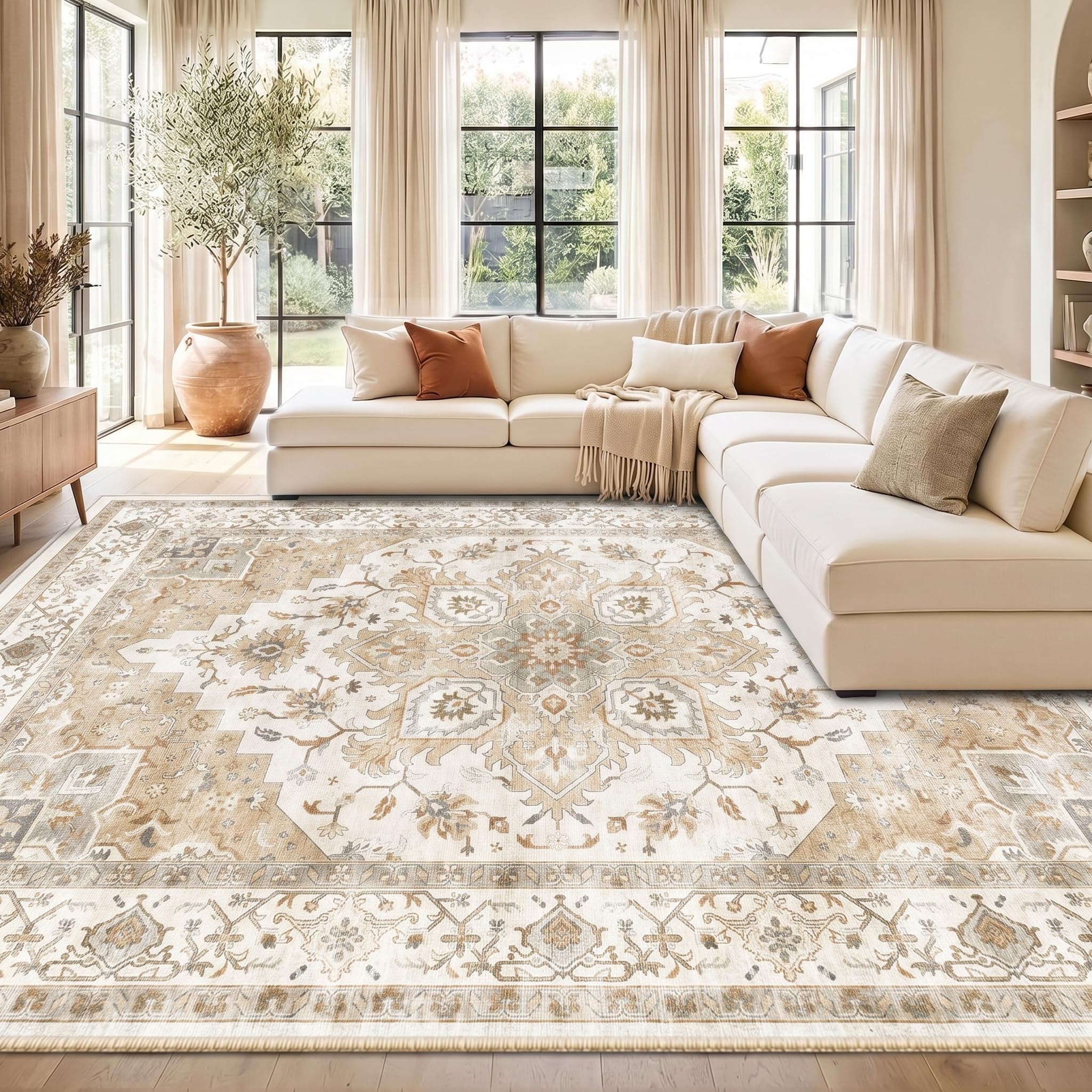 AMADA HOMEFURNISHING waschbarer Teppich 240 x 300 cm, Teppich Wohnzimmer mit Rutschfester Rückseite & langlebiger Kantenbindung, Vintage Teppich für Teppich Schlafzimmer & Esszimmer, beige