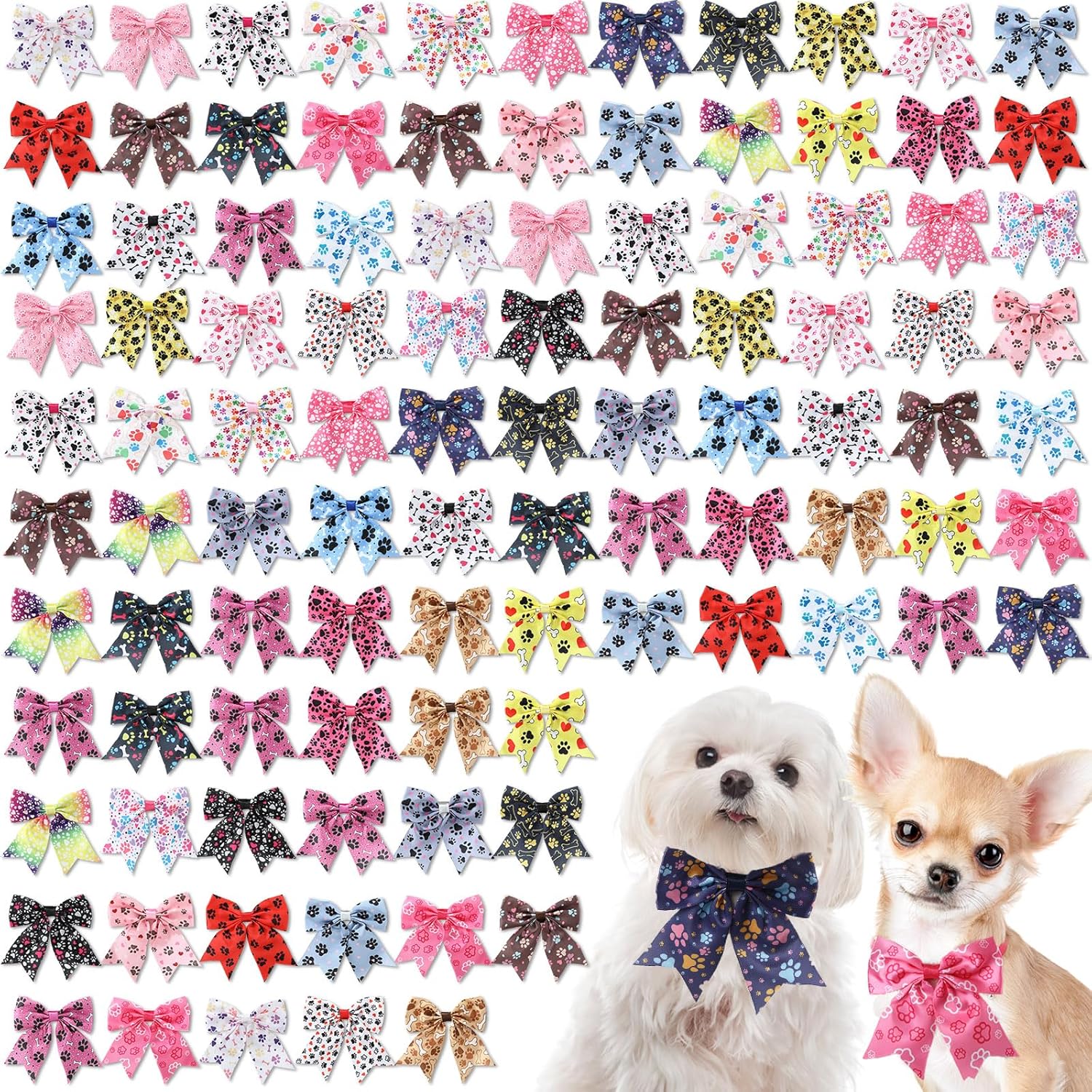 Yunsailing 100 Pcs Dog Bow Ties Bulk Dog Bows with Adjustable Collar Cat Bowtie Pet Grooming Neck Collar for Small Medium Pets Birthday Holiday Photography Accessories(Dog Paw)