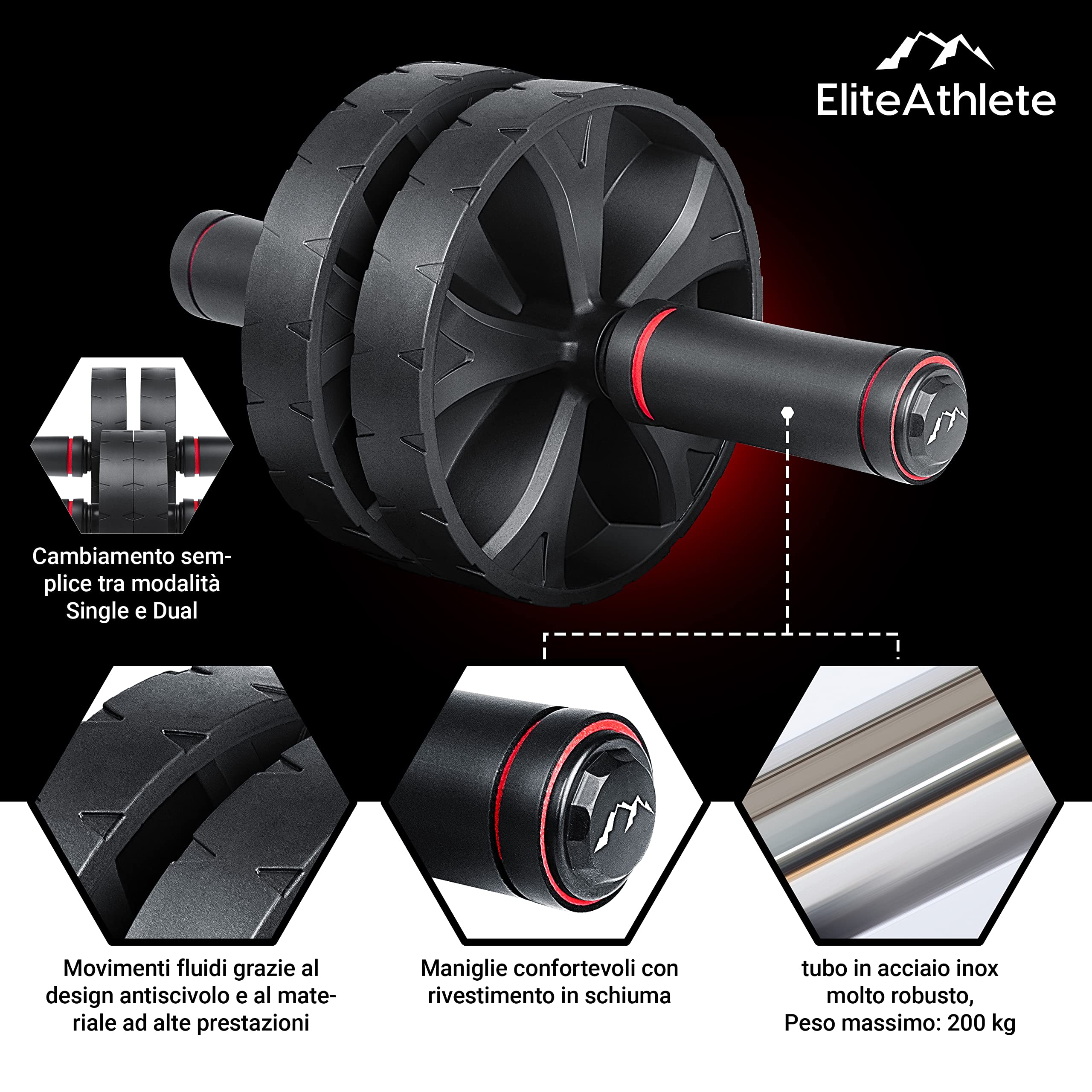 EliteAthlete AB Wheel Roller - Rullo per addominali a casa, con tappetino imbottito per ginocchia