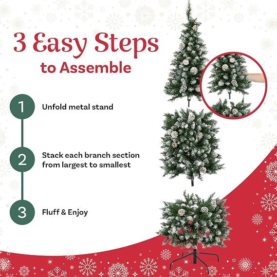 6ft Prelit Christmas Tree - Flocked Artificial Spruce Pencil Christmas Tree with 250 LED Lights, 618 Realistic Frosted Branch Tips, Pinecones, and Stand - Easy to Assemble 3PC Xmas Tree by Elf Stor