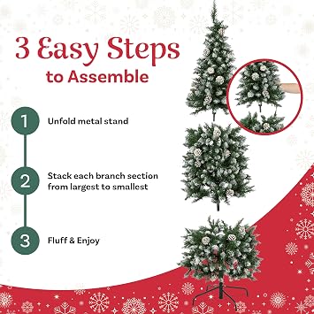 6ft Prelit Christmas Tree - Flocked Artificial Spruce Pencil Christmas Tree with 250 LED Lights, 618 Realistic Frosted Branch Tips, Pinecones, and Stand - Easy to Assemble 3PC Xmas Tree by Elf Stor