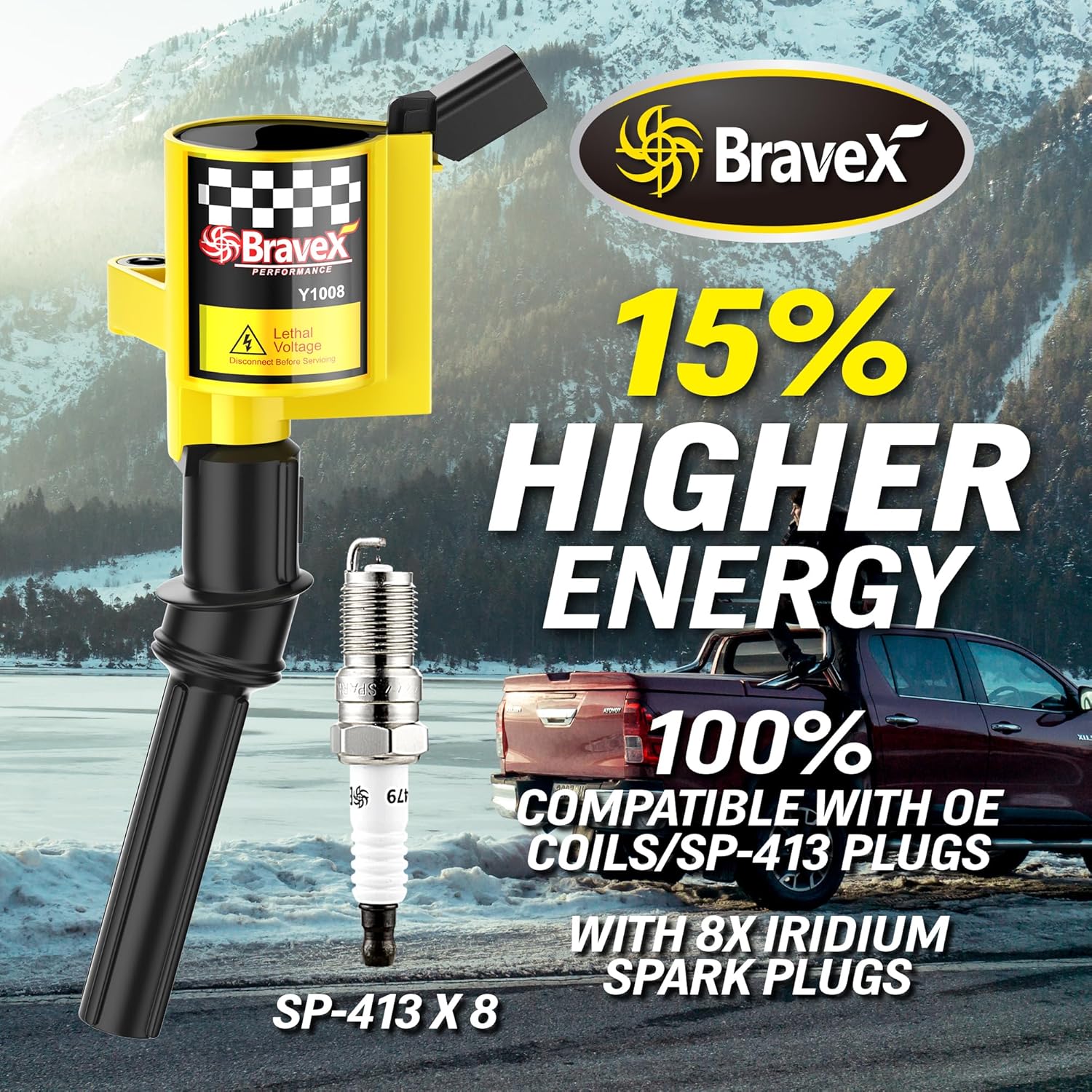 Ignition Coil Pack& Spark Plug SP413 -Upgrade 15% More Energy For Ford F-150 F-250 F-350 4.6L 5.4L V8 CROWN VICTORIA EXPEDITION MUSTANG LINCOLN MERCURY Compatible &DG508 DG457 DG472 (YELLOW)
