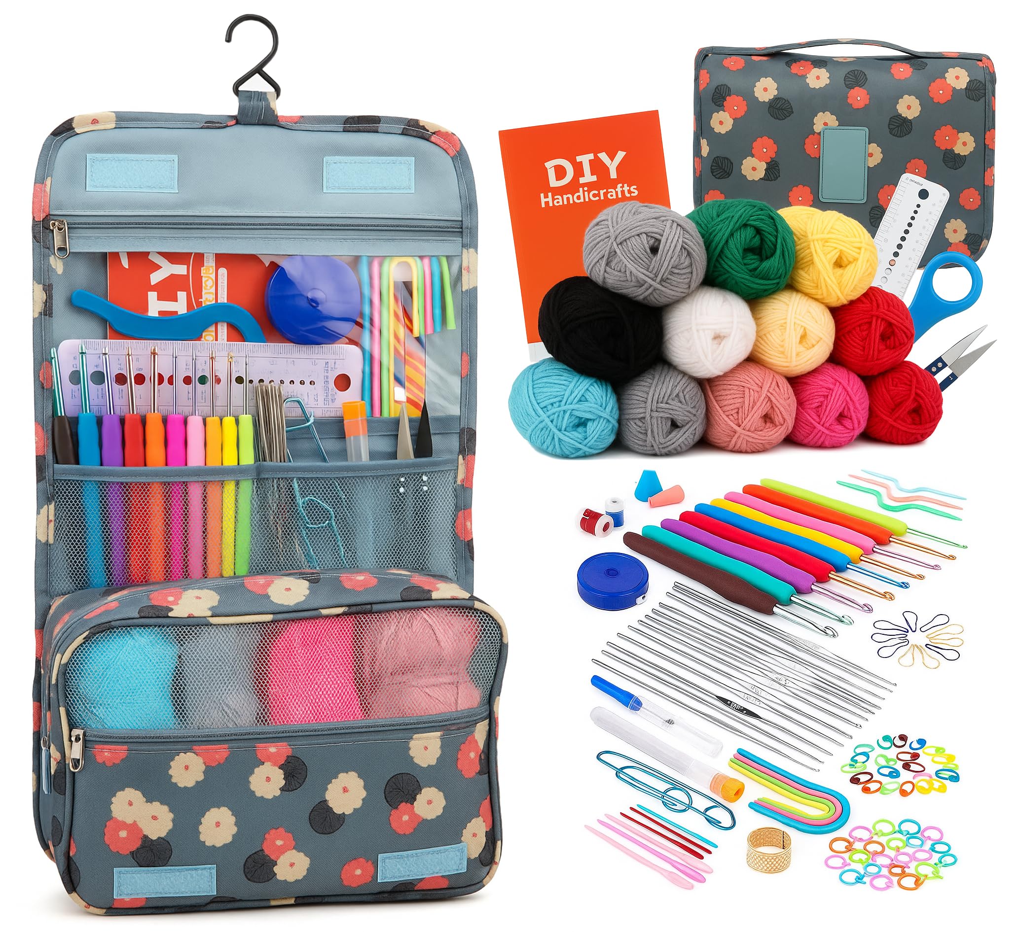 krenz 130 pcs crochet kit for adults beginner kids crochet hook yarn set hanging crochet set crochet hooks with ergonomic knitting needle stitch markers storage bag all in one crochet kit set