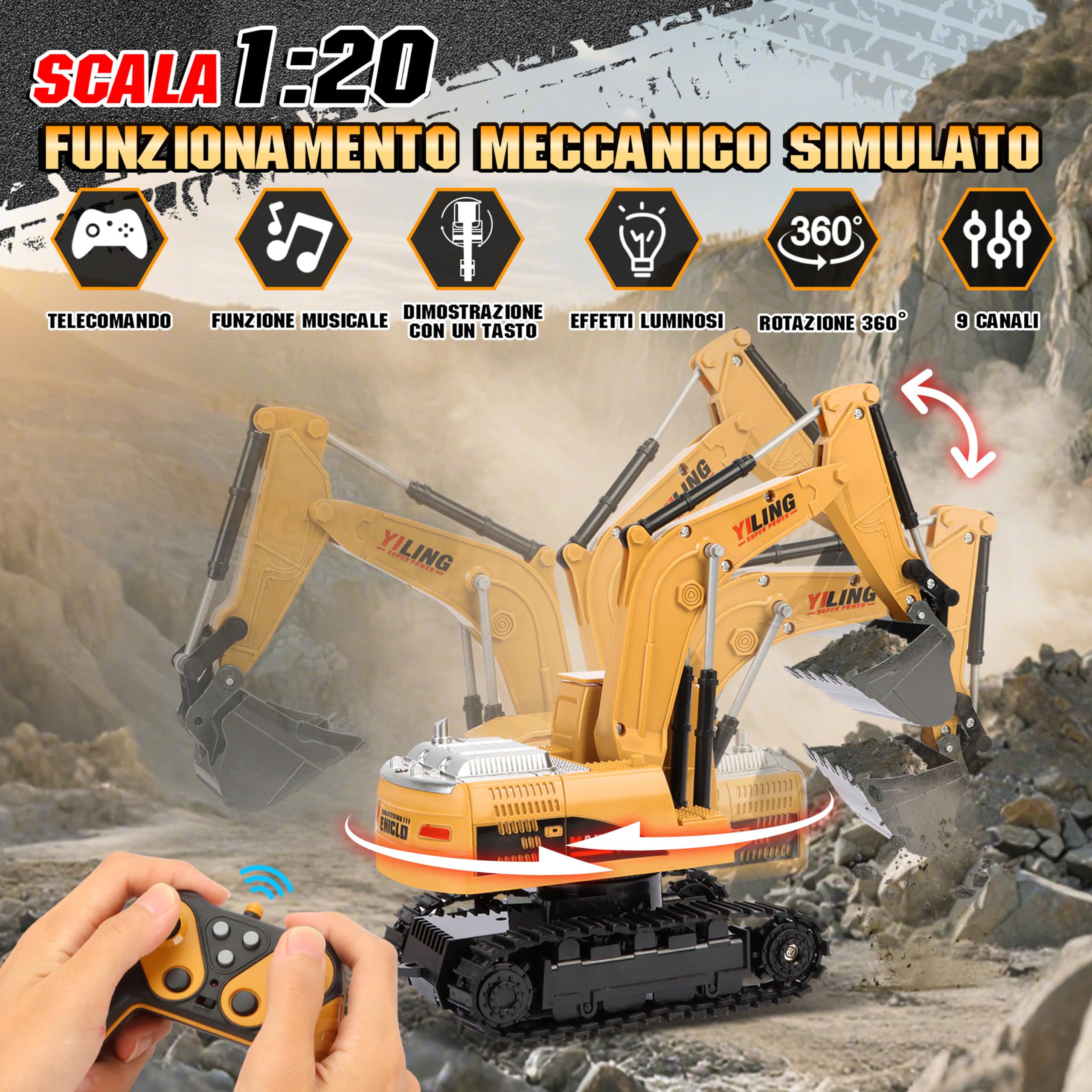 Charmofun 2PCS Kit Escavatore Telecomandato con Veicolo telecomandato, 2.4Ghz escavatore radiocomandato per Bambini - con Luci e Suoni e Spalletta in Metallo, RC Camion Escavatore Regalo Compleanno