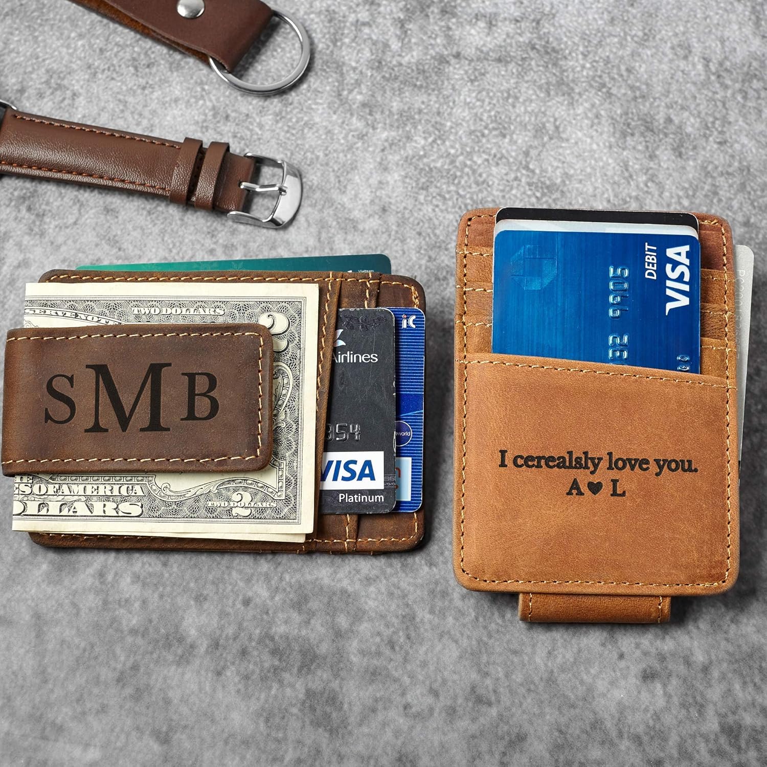 Personalized Money Clip Wallets For Men, Engraved Money Clip With Card Holder, With Name, Custom Leather Magnetic Money Clip, Customizable Wallet For Him, Money Clip With Engraving, Customized