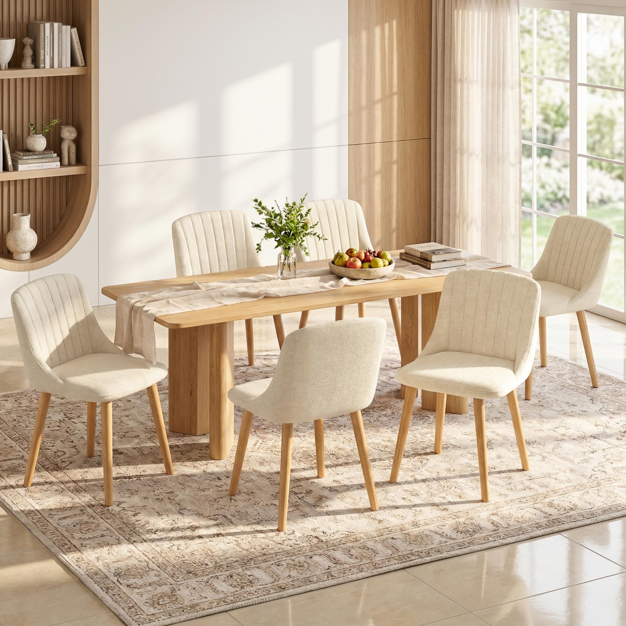 Lot de 6 Chaises de Salle à Manger Blanches avec Pieds en Bois, Chaises Rembourrées en Tissu Chenille, pour Cuisine, Salle à Manger, Salon et Bureau