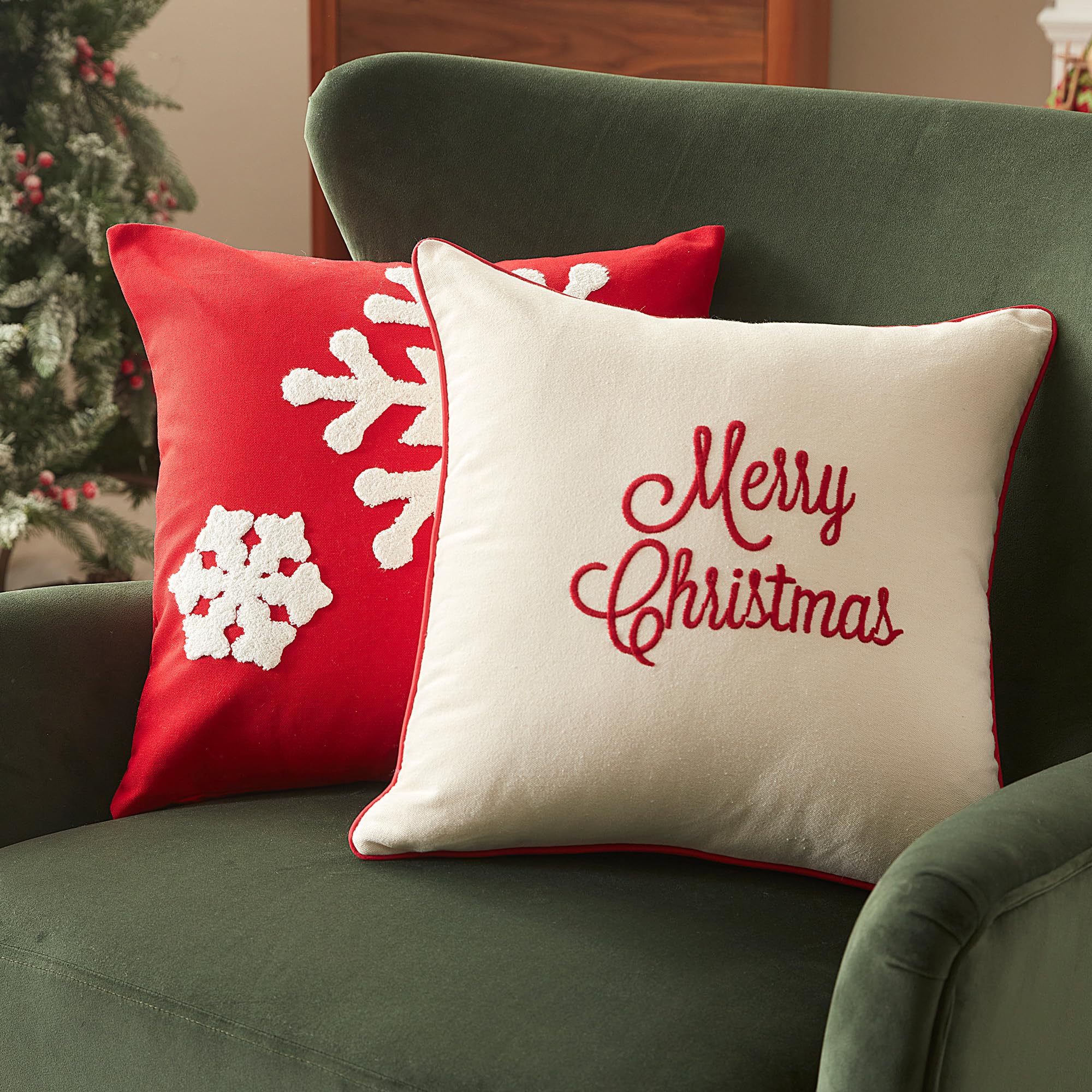 Sonvie Christmas Cushion Covers Set Of 2 with Merry Christmas & Snowflake Decor, Soft Decorative Square Throw Pillow Cover 45x45cm (18x18 in), Pillows Cases for Bedroom Sofa Couch Decorations