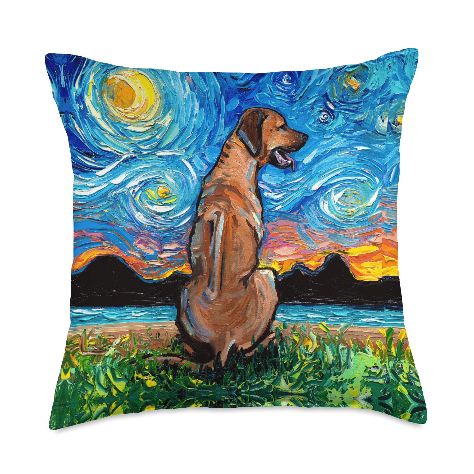 Rhodesian Ridgeback Starry Night Dog Official Art by Aja Throw Pillow