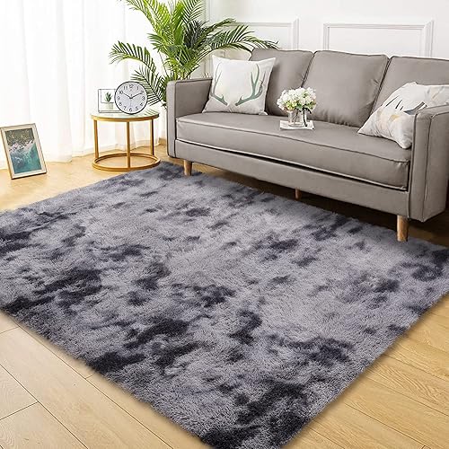 GarveeHome 8x10 Fluffy Rug Large Plush Shaggy Area Rugs for Living Room, Tie-Dyed Furry Fur Rugs for Bedroom Non Shedding Fuzzy Plush Accent Rug Carpet Floor Covers for Home Decor, Dark Grey