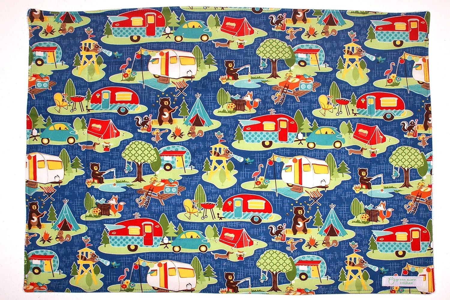 Retro Campers on Blue Dish Drying Mat - Coffee Station Mat - Pet Placemat - Appliance Mat - RV Camping Mat - 16 x 20 Inches - Handmade by Green Acorn Kitchen