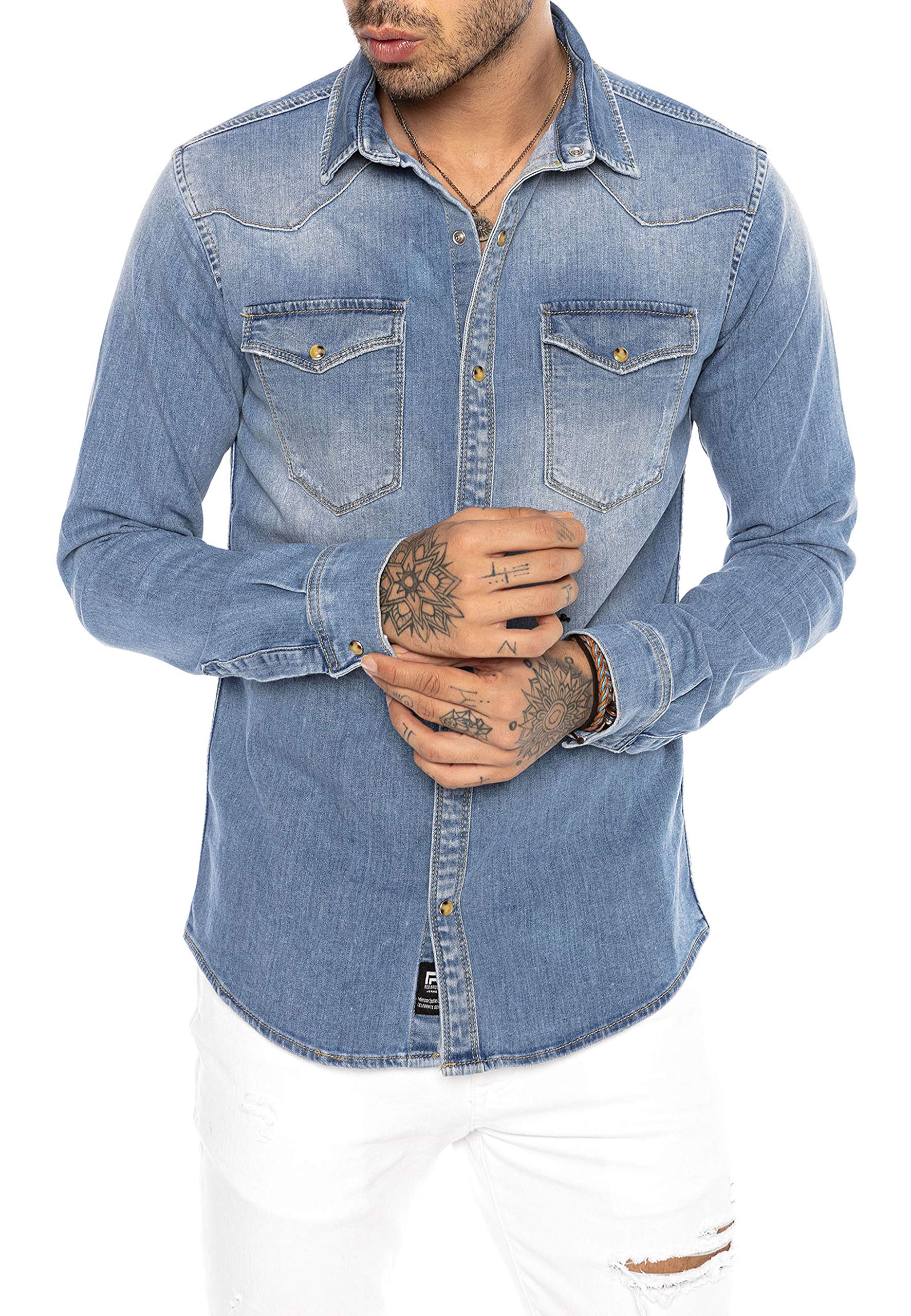 RED BRIDGE Camisa de Jeans Vaquera Denim para Hombre Manga Larga Azul