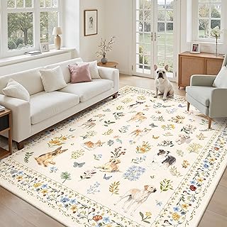 Soalmost Dog 5x7 Area Rugs for Living Room, Washable Animal Soft Rug Beige