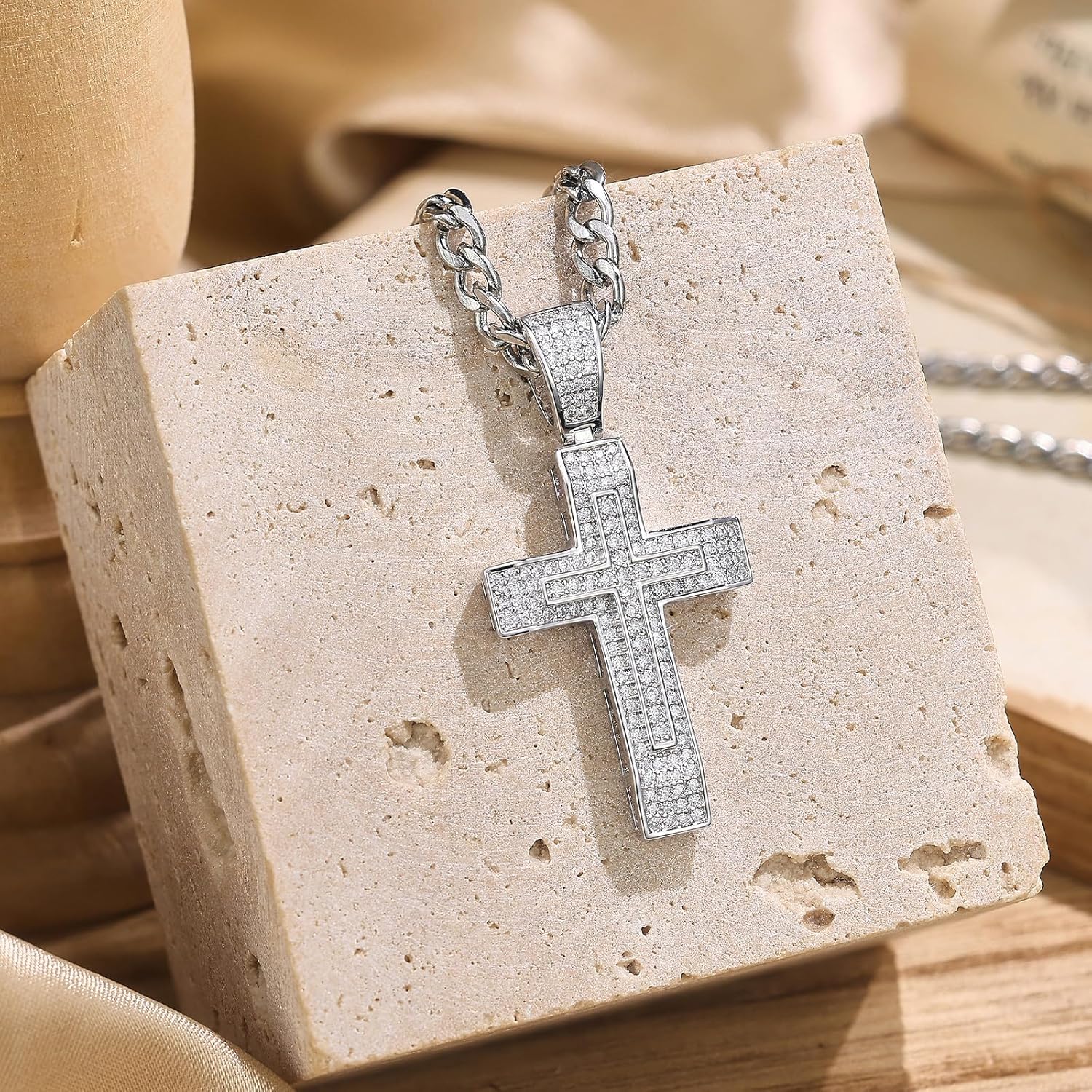 Men's Moissanite Cross Pendant Necklace 925 Sterling Silver Religious Hip Hop Jewelry Gift for Men - Image 3