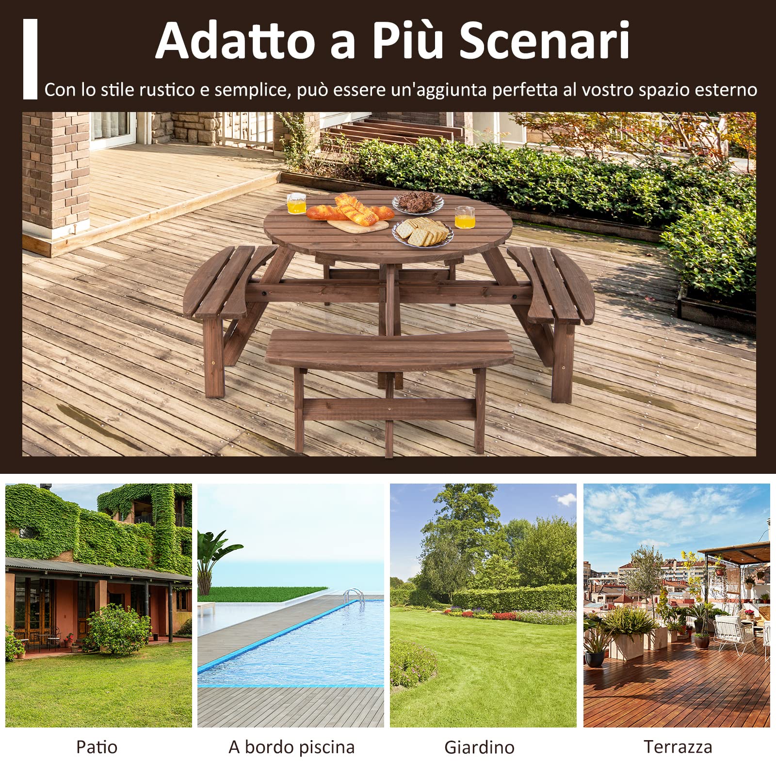 COSTWAY Set Tavolo da Giardino con 4 Panche Integrate, Legno Massiccio, con Foro Ombrellone, per 4-8 Persone, Tavolo Rotondo da Picnic per Esterno, Ogni Panca Porta 225 kg (Marrone, 178 x 178 x 70 cm)