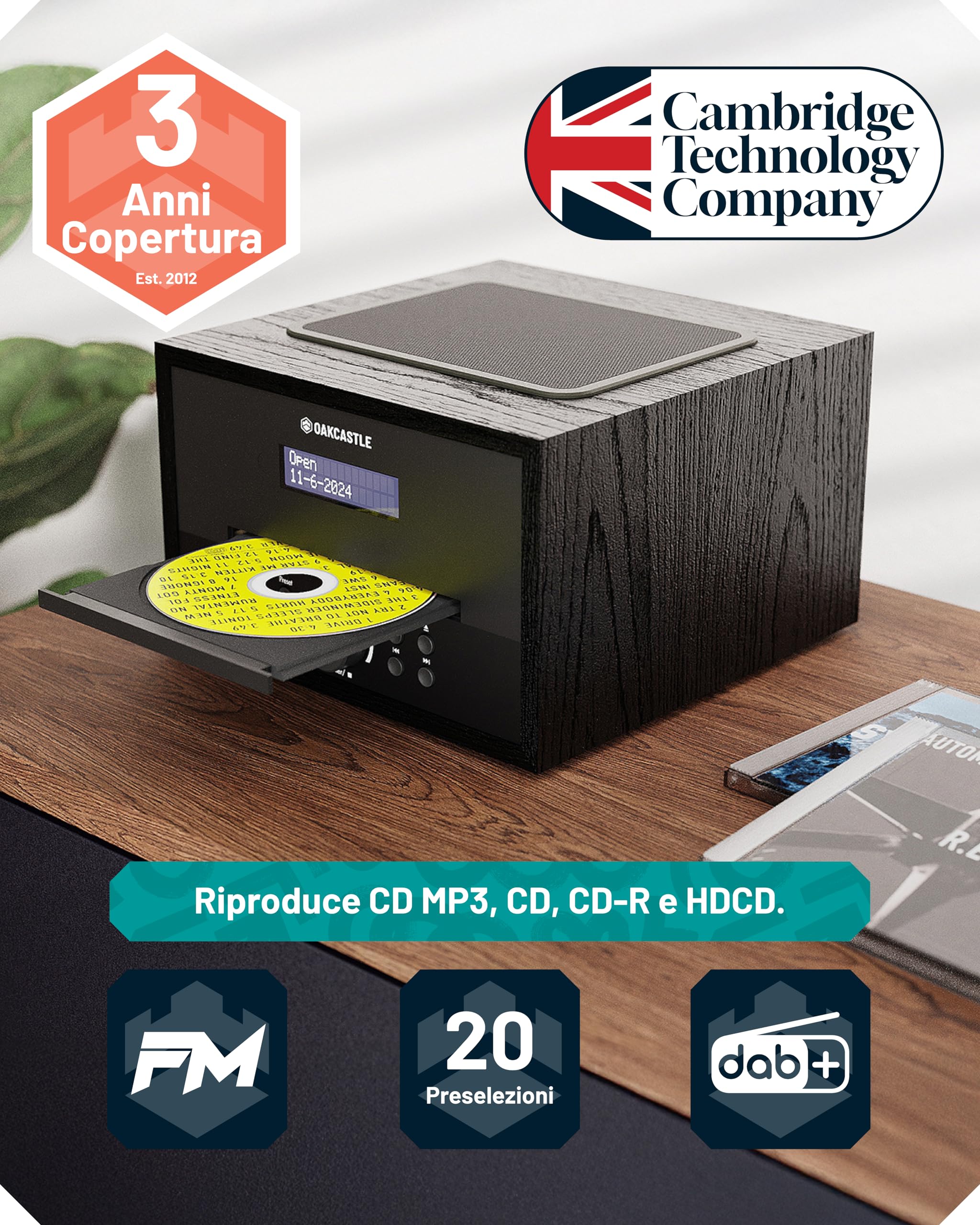 Oakcastle DAB400 Mini Impianto Stereo Hi-Fi 40W Radio DAB/DAB+ Bluetooth 5.0 Lettore CD