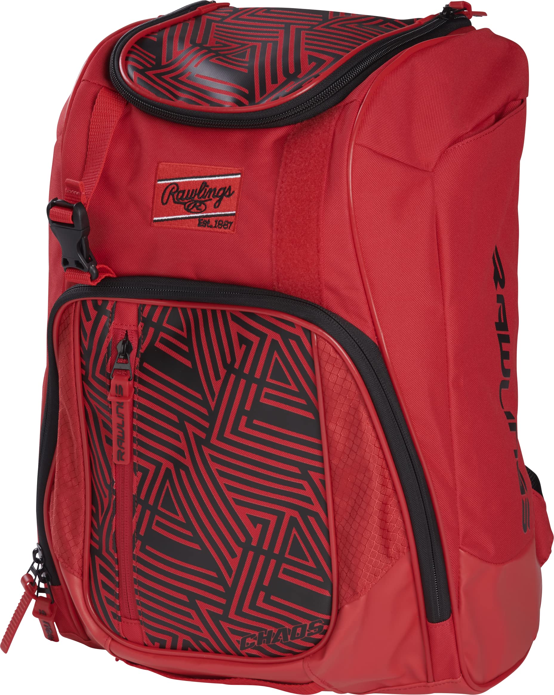 Rawlings Chaos Backpack Bag Series, Juvenil, béisbol y softbol de Lanzamiento rápido, Escarlata/Negro, L, Caos