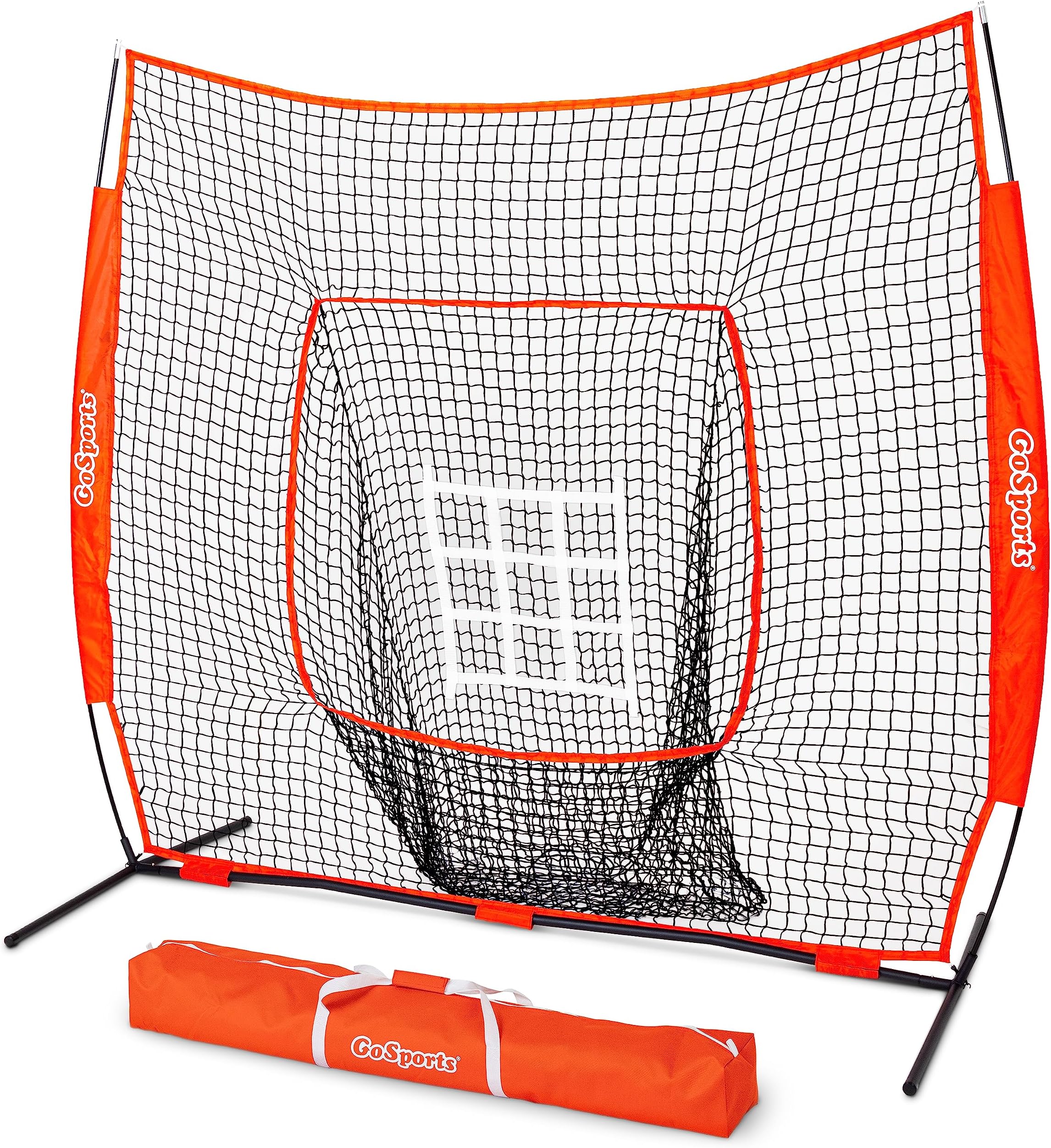 GoSports 7 ft x 7 ft Baseball & Softball Nets - Red, Black, or PRO - Practice Hitting & Pitching Net with Bow Type Frame, Carry Bag and Strike Zone, Great for All Skill Levels