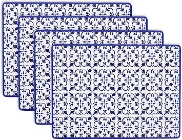 KAF Home Cork Placemats 16 x 12-Inch Set of 4 Chateau Blue Mediterranean Tile