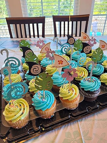 Miniatura 6 de JeVenis Decoración hawaiana para cupcakes con purpurina del océano, decoración de fiesta de cumpleaños para Luau tropical, fiesta de verano, baby