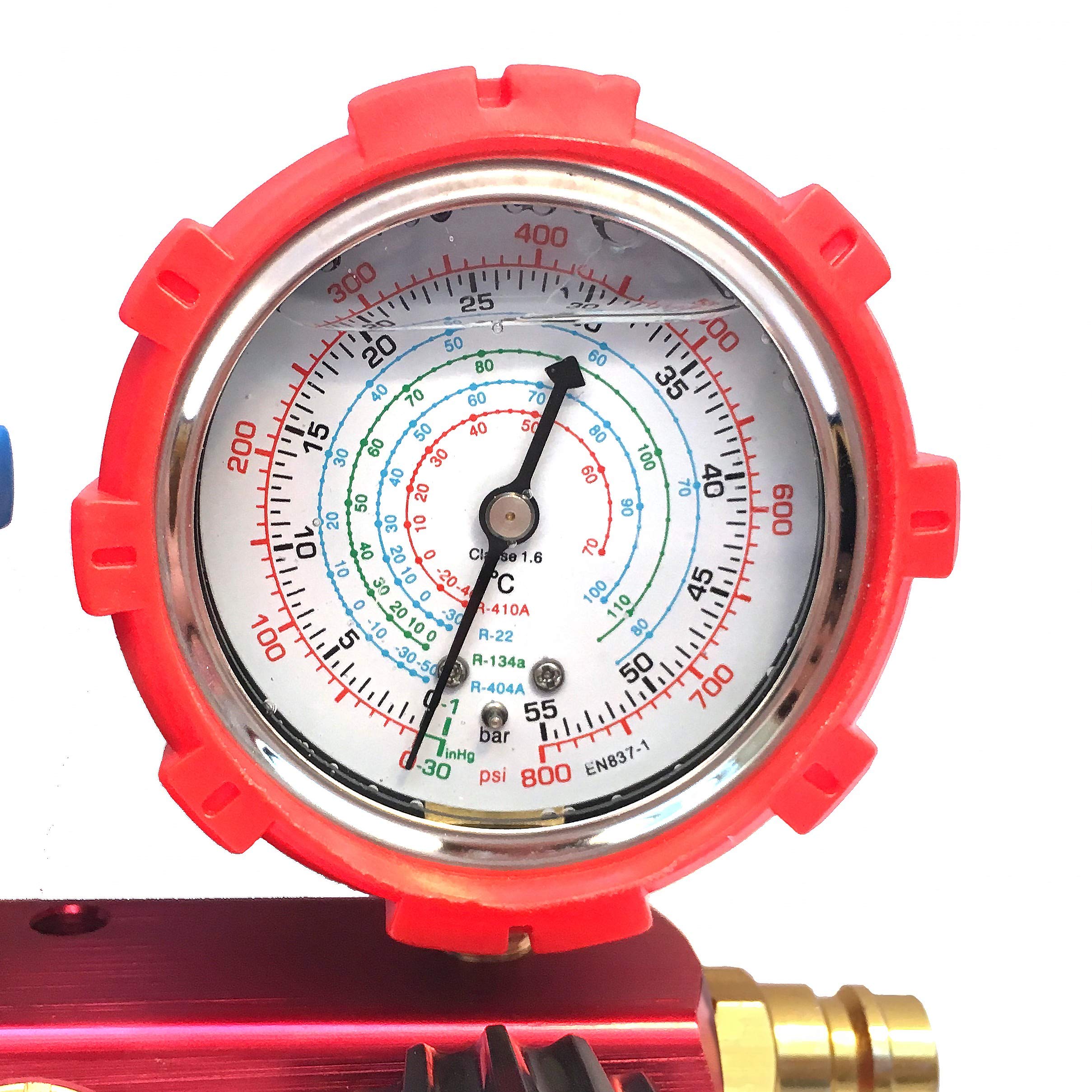 JOMAFA JUEGO MANOMETROS PARA AIRE ACONDICIONADO CON VALVULA PARA GASES R22, R134A, R410A, R404A carga, descarga y comprobación
