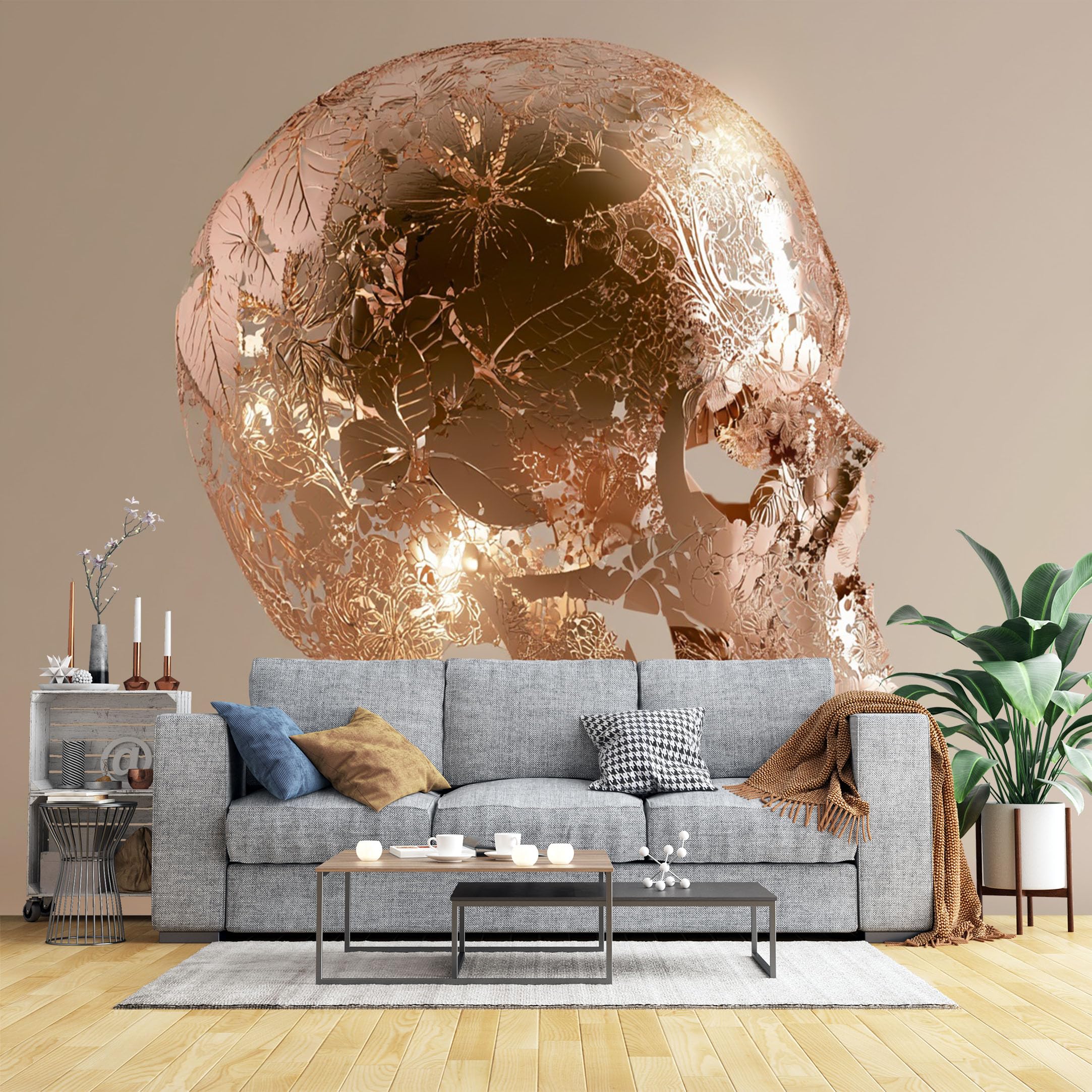 Custom Size Wall Murals Gold Floral Skull Wall Murals Decorative Art Wallpaper, 3D Self-Adhesive Removable Wallpaper for Bedroom