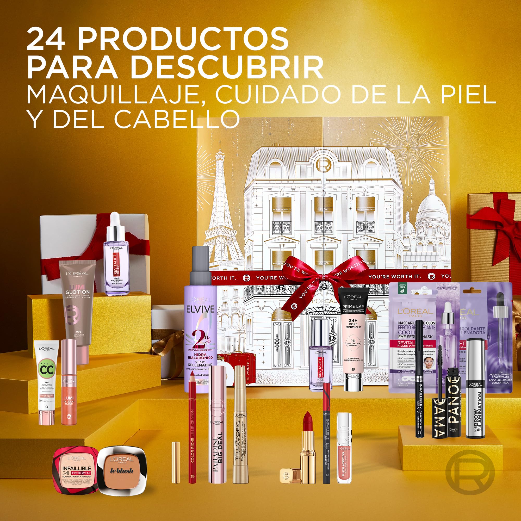 L'Oréal Paris - Calendario de Adviento 24 Días - Set de Regalo Navidad - Maquillaje, Cuidado Facial y Capilar - 24 Productos de Belleza Esenciales en Tamaño Real