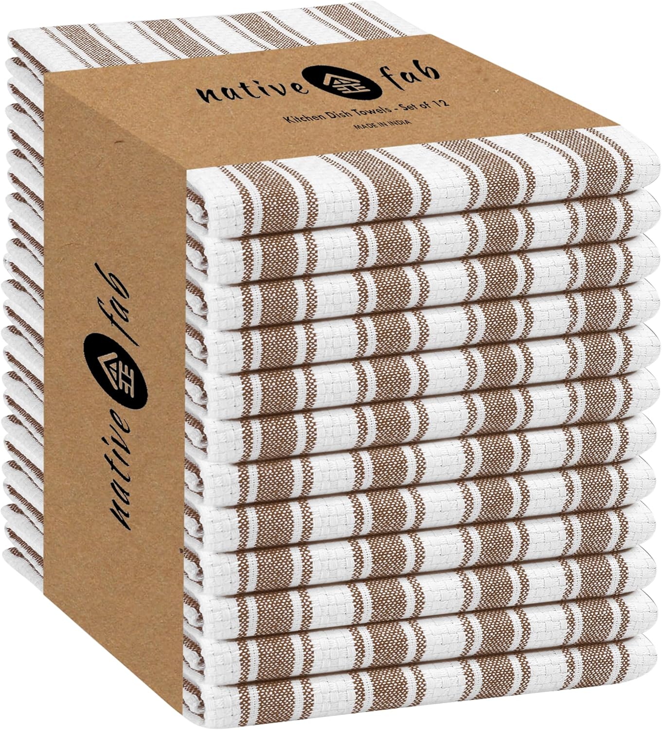 Native Fab Stripe Kitchen Towel - 12 Pack - Basket Weave 100% Cotton Dish Towels - 16x26 inches - Absorbent Towels for Cleaning, Quick Drying, Washable Dish Cloths with Hanging Loop - Brown