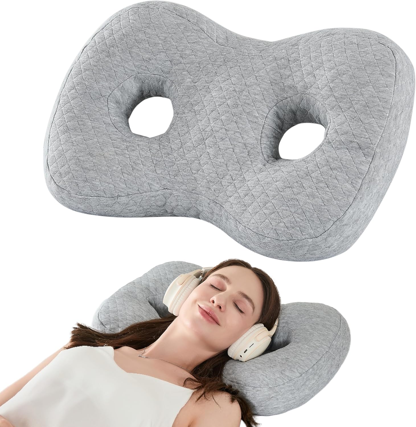 Ear Piercing Pillow for Side Sleepers, Ultra Soft Cover Relief Ear Pain,Two Ear Holes Protection for Ear Pierced, Earring Pillow