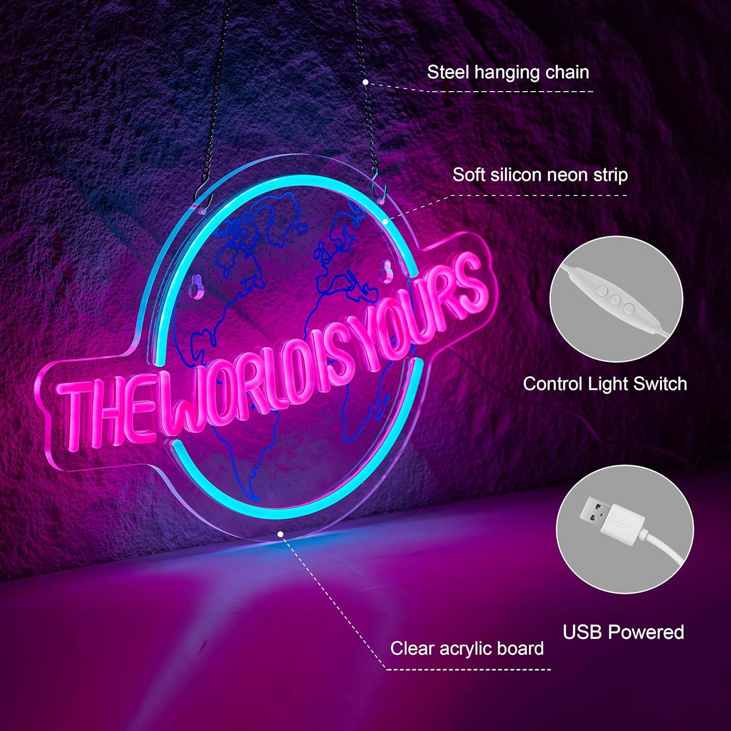 The World is Yours Neon Sign for Wall Decor LED Dimmable Light Switch Wall Sign for Cool Light, Wall Art, Bedroom Decorations, Home Accessories, Party, and Holiday Decor - Image 5