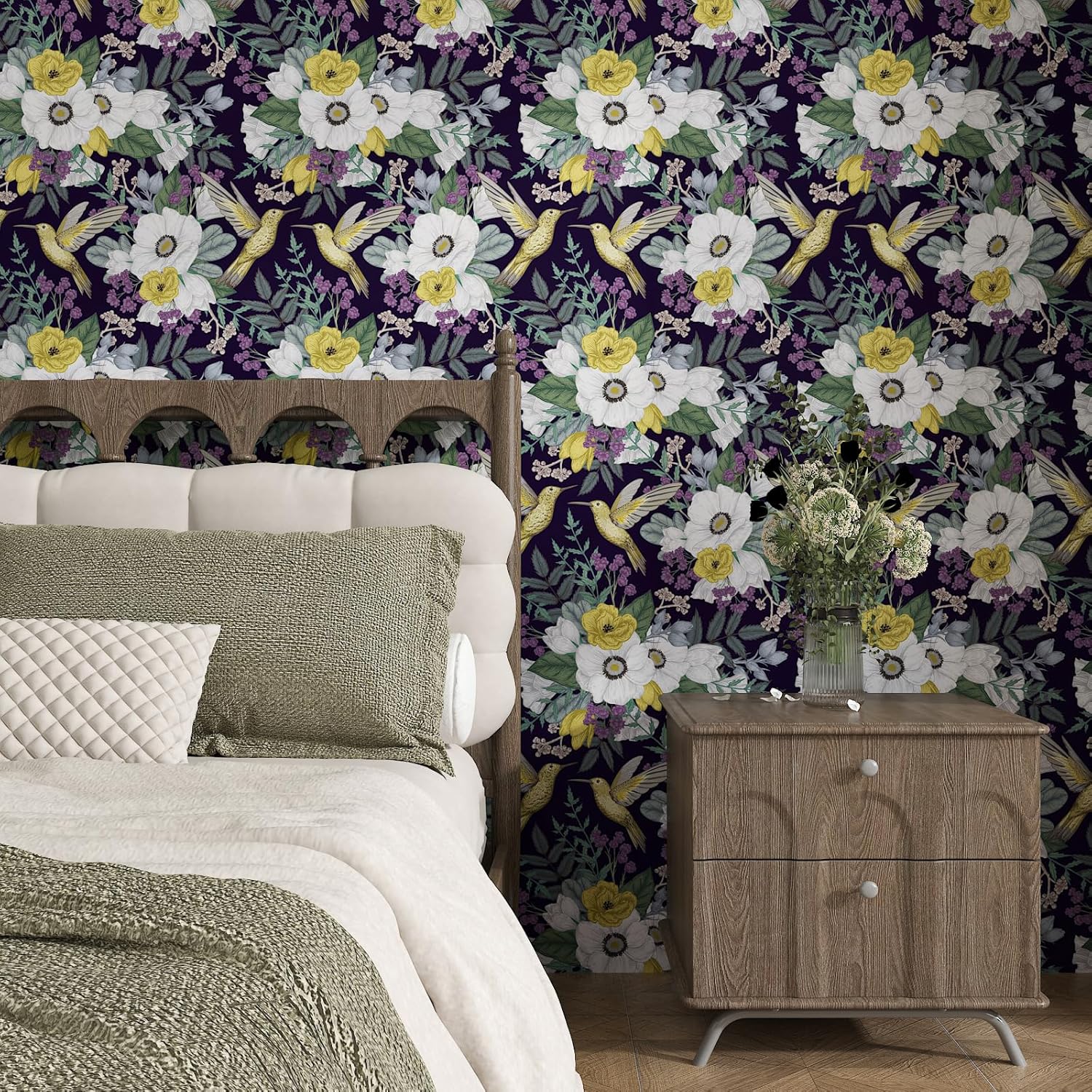 CHIHUT Vintage Hummingbird Floral Wallpaper Peel and Stick Dark Purple Gold Birds Wallpaper 17.7”x100” Removable Self Adhesive Decorative Contact Paper for Bedroom Walls Cabinets Shelves Drawers
