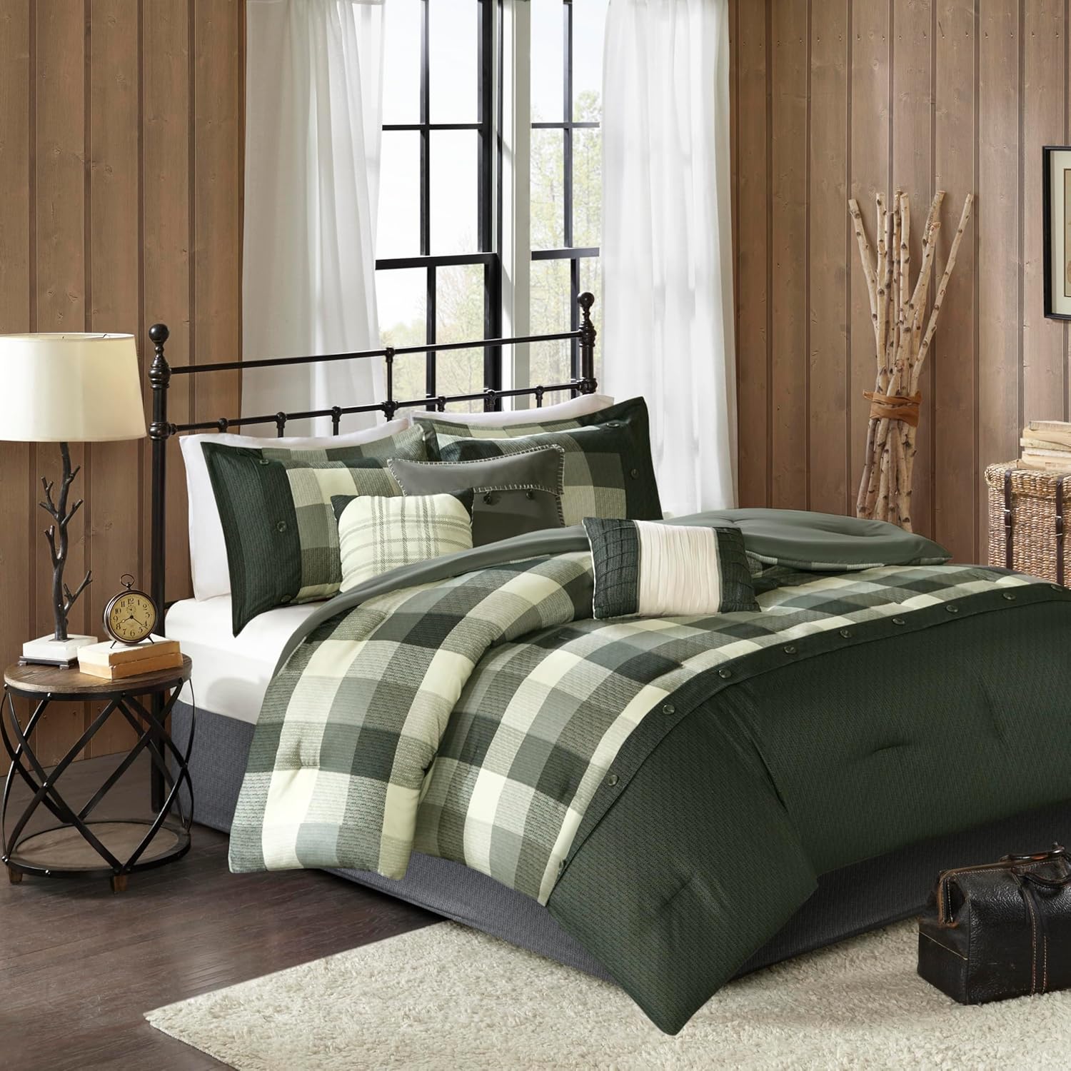 Madison Park Ridge Comforter Set - Cabin Lodge Plaid Herringbone Design, All Season Down Alternative Cozy Bedding with Matching Bedskirt, Shams, Decorative Pillow, Grey King(104"x92") 7 Piece