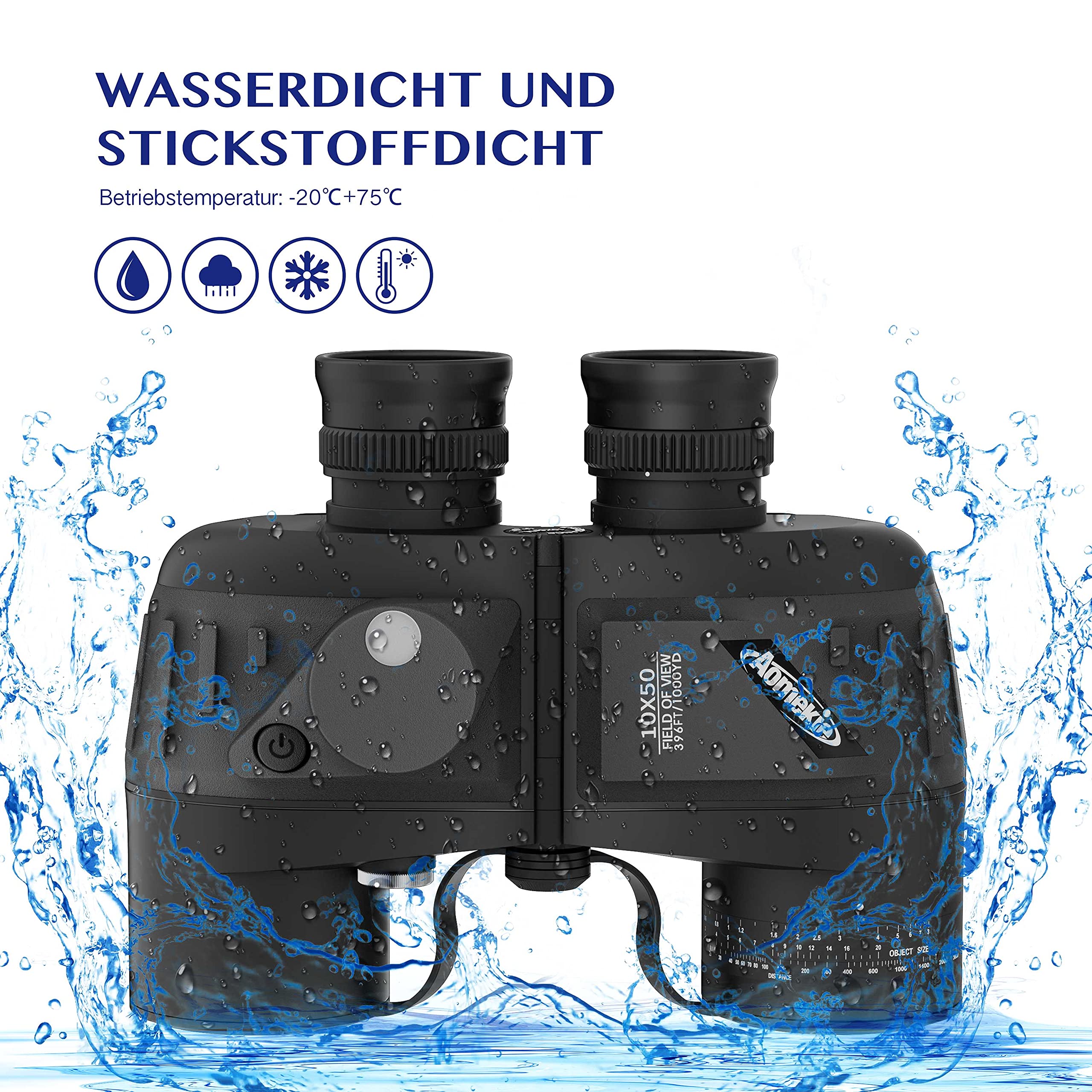 Aomekie Fernglas mit Entfernungsmesser Nachtsicht Kompass 10X50 Ferngläser Feldstecher Wasserdicht BAK4 FMC mit Tasche und Gurt (schwarz)