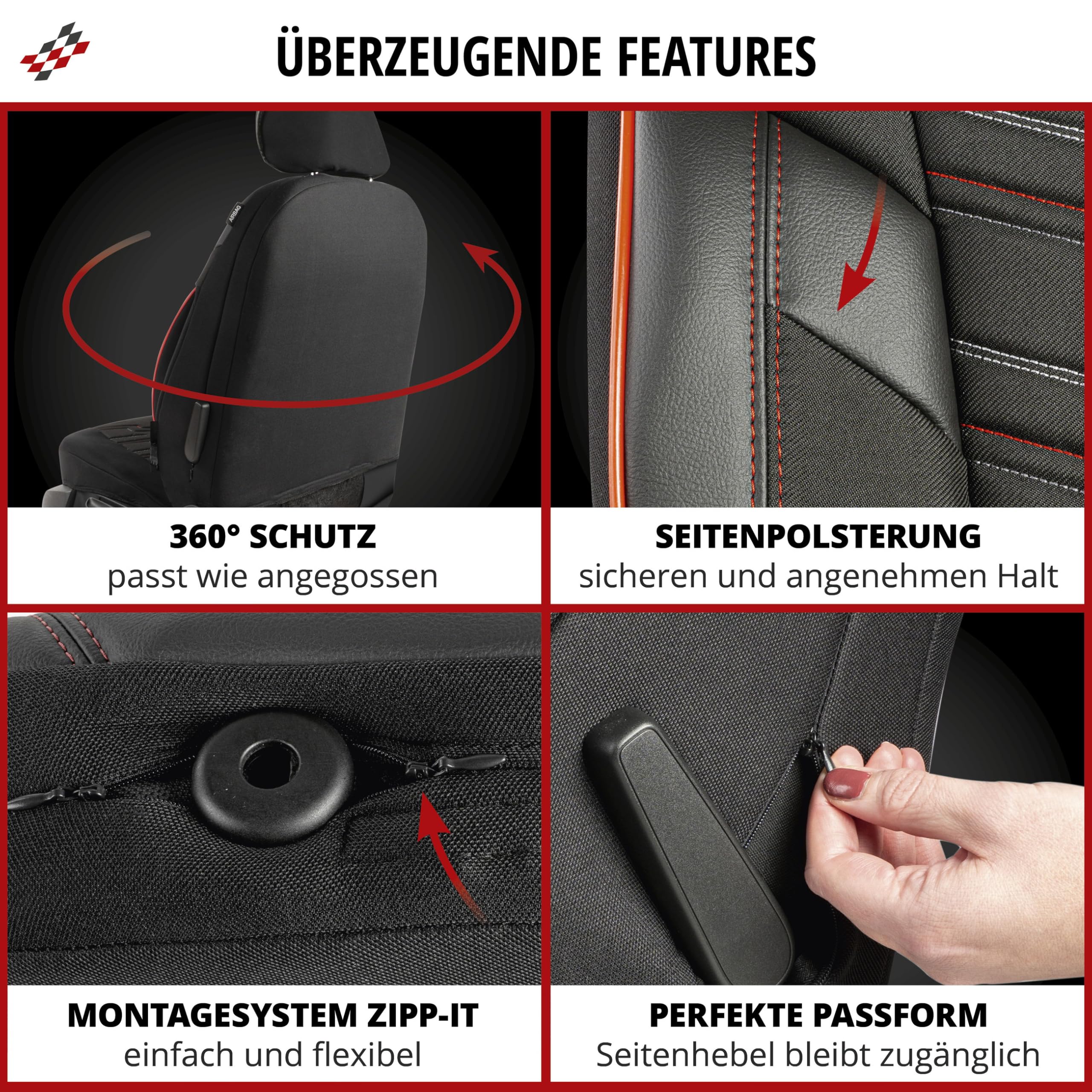 Walser Deluxe pokrowce na siedzenia samochodowe Marbella z zamkiem błyskawicznym, 2 pokrowce na przednie siedzenia, Zipp-IT, rozmiar uniwersalny, czarny/czerwony