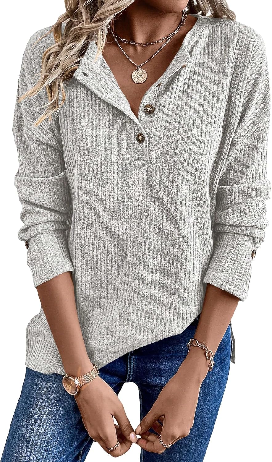 WDIRARA Women's Long Sleeve Button Down T Shirts Rib Knit Tee Solid Basic Tops