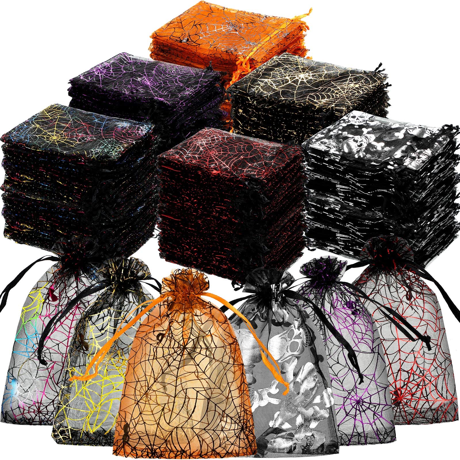 G2PLUS Halloween Organza Bags - 50 Pack 4x6 Inch Spiderweb Design Drawstring Candy Pouches For Party Favors