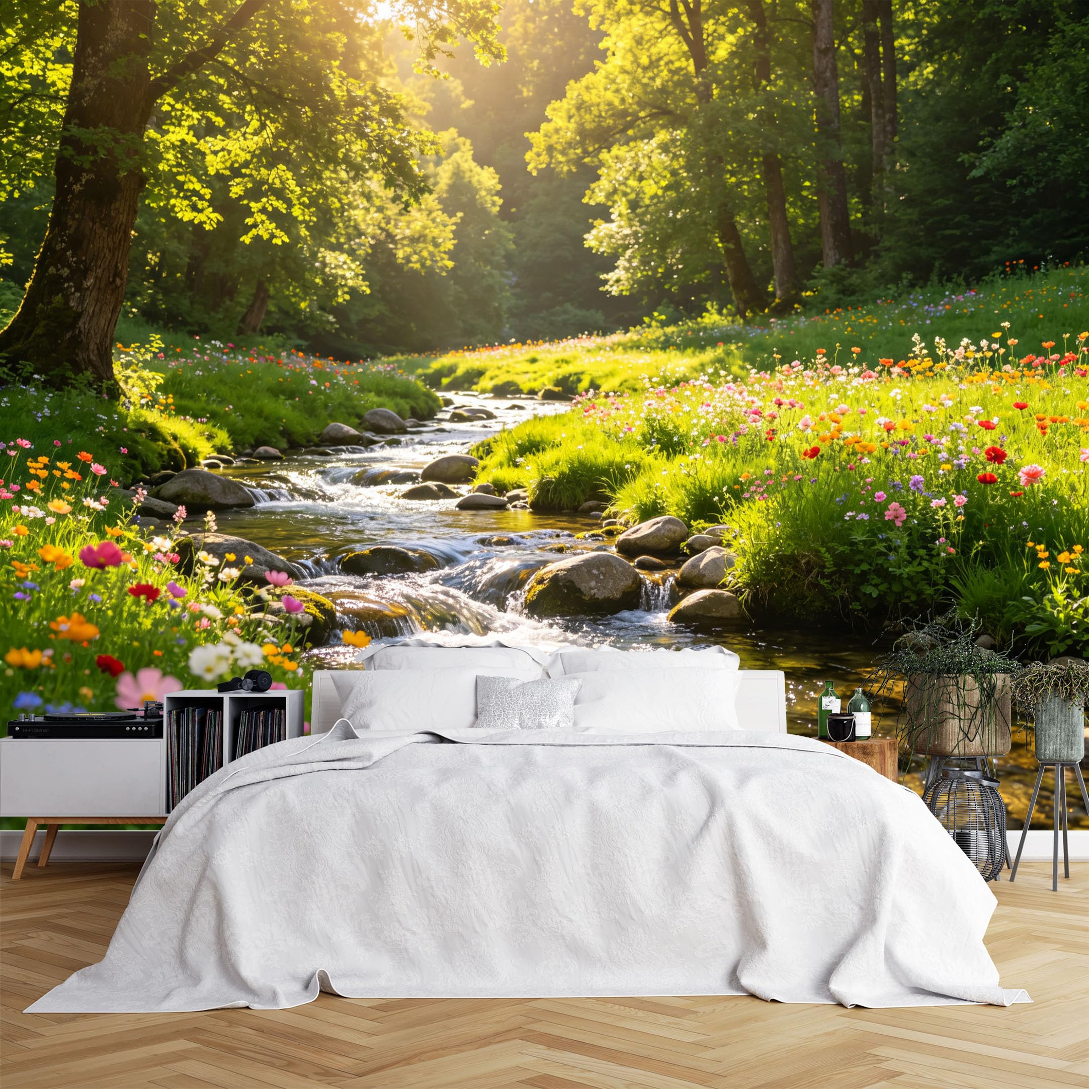 Lcythiazole Ch260615199 Custom Size Wall Murals Sunlit Forest Stream Wildflowers Nature Large Photo Wallpaper Self-Adhesive Wall Fabric (No Pvc) Removable Wallpaper For Living Room Study