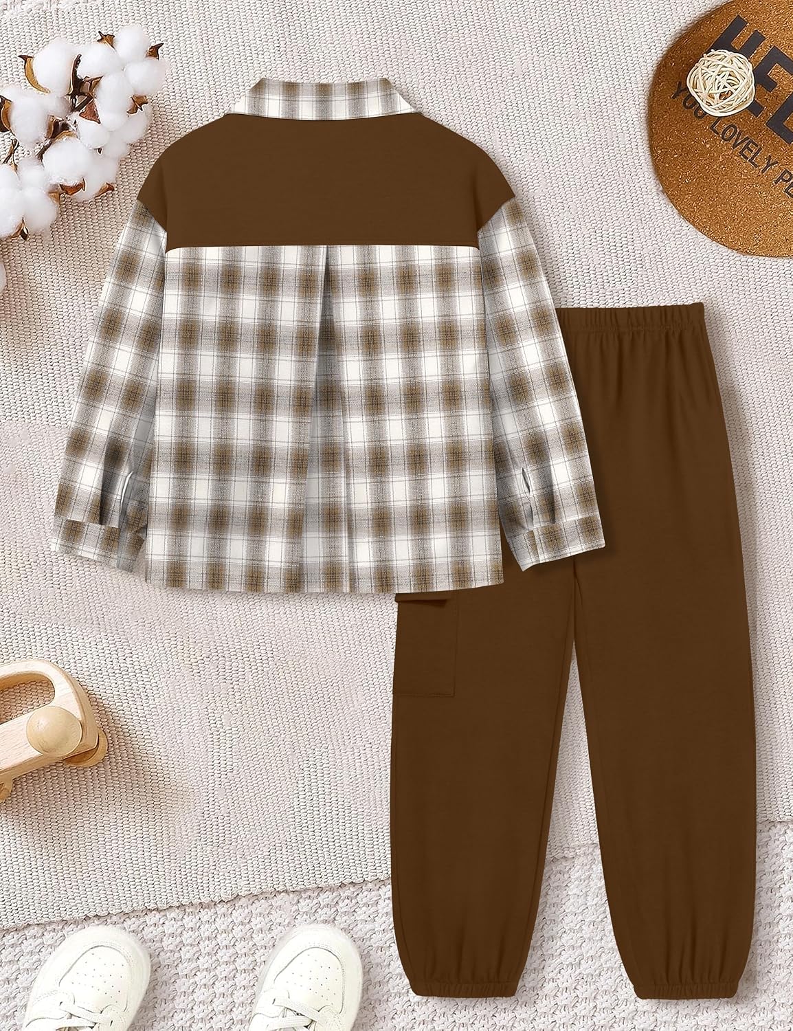 Queenstyle Toddler Boy Clothes 2Pcs Flannel Plaid Shirt and Sweatpants Outfits Fall Winter Boys Clothing for 3-8 Years