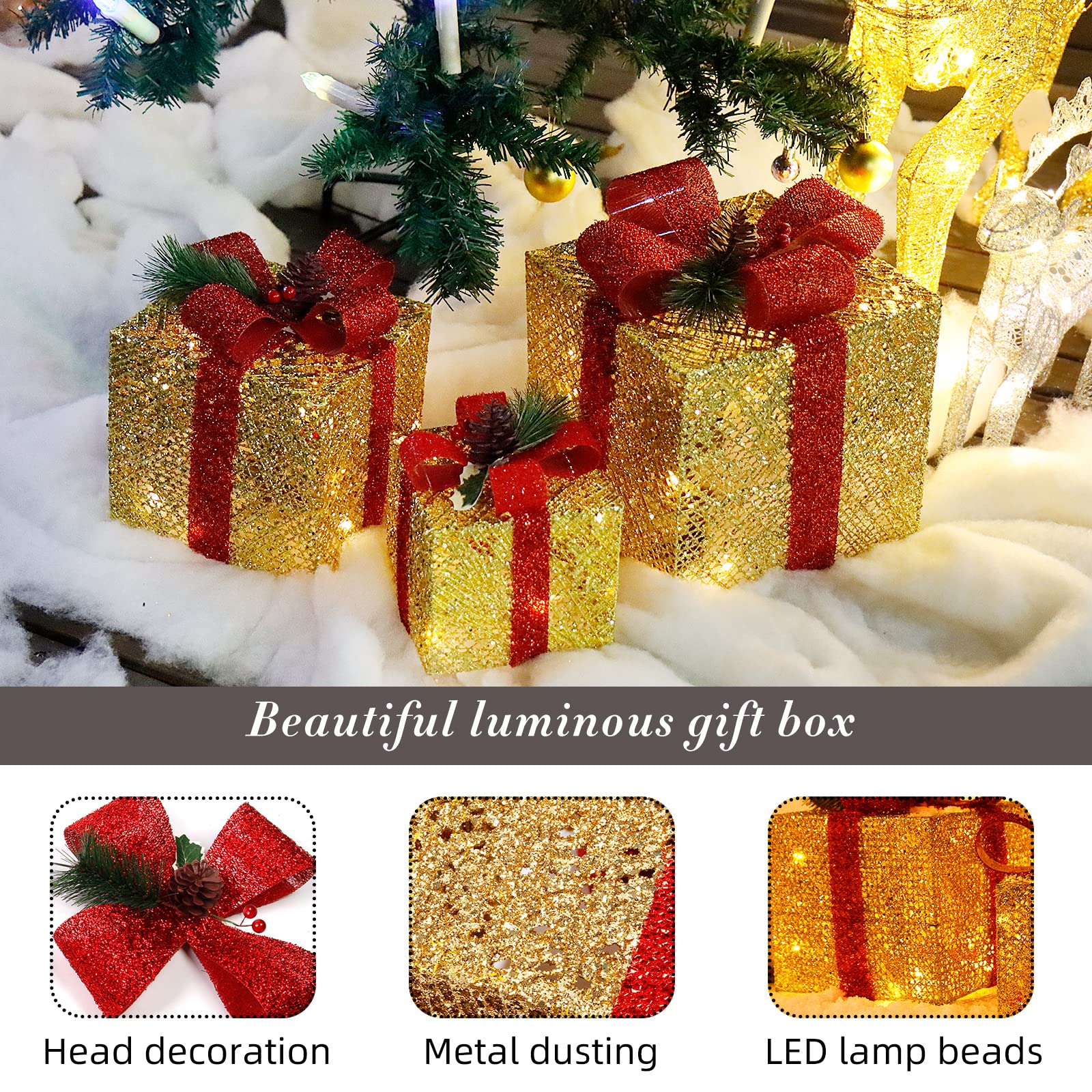 Ensemble De 4 Boîtes Cadeaux LED De Noël – Décorations Lumineuses Empilables Pour Ambiance Festive