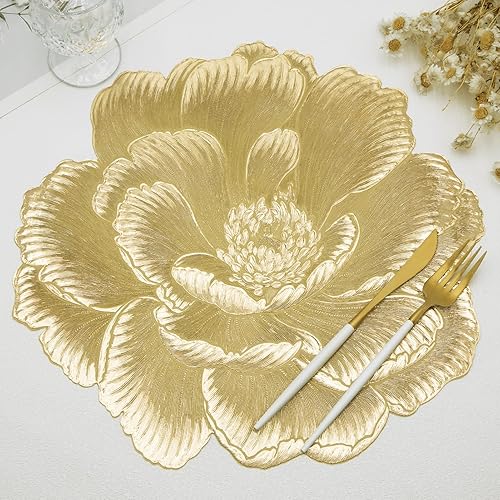 Miniatura 8 de Manteles individuales redondos dorados con rosas para mesa de comedor, manteles individuales de vinilo de plástico metálico, manteles decorativos